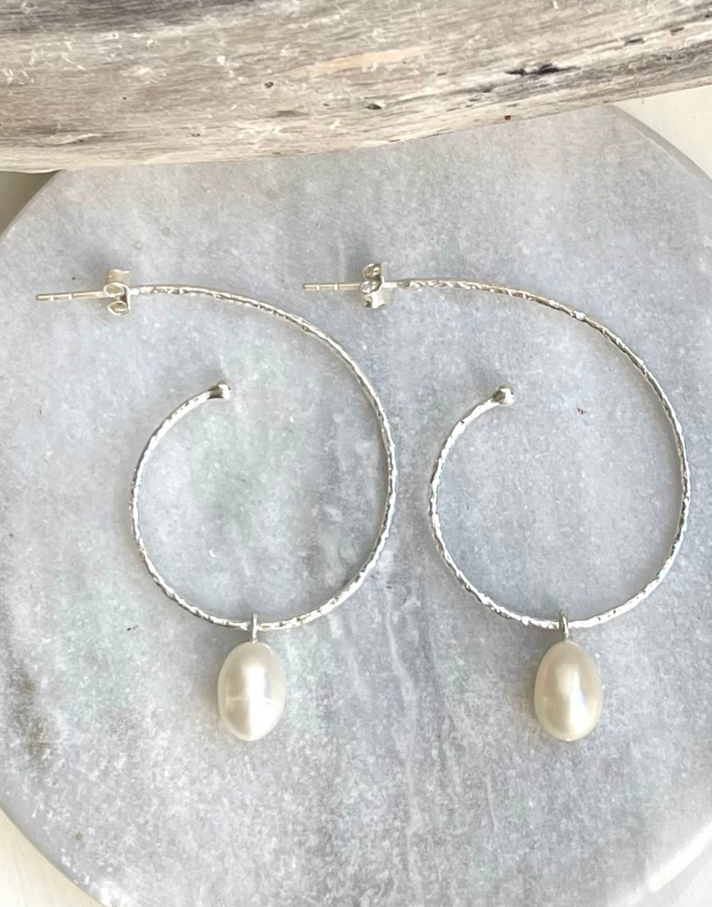 Large Silver Hoops with Pearl Drops