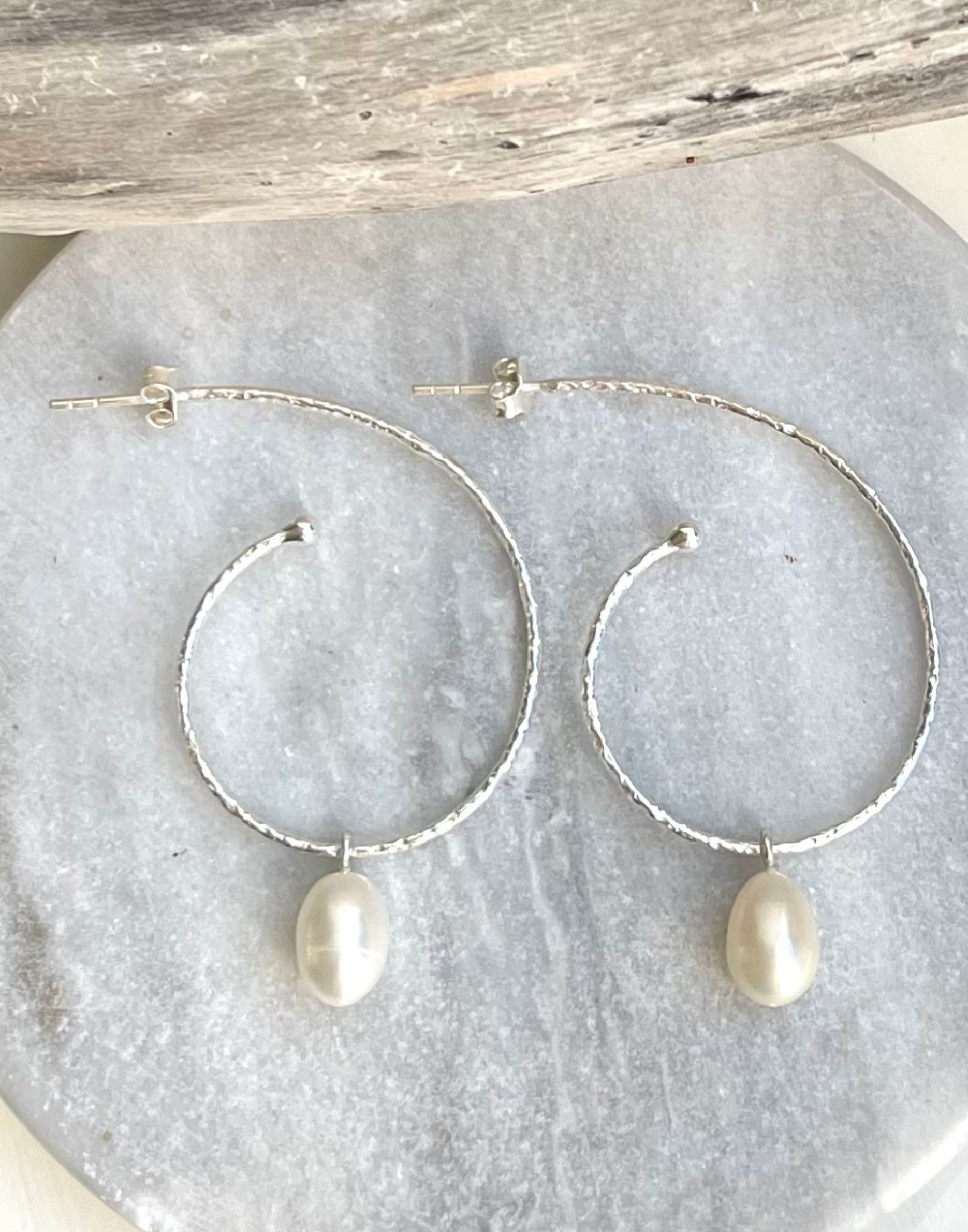 Large Silver Hoops with Pearl Drops