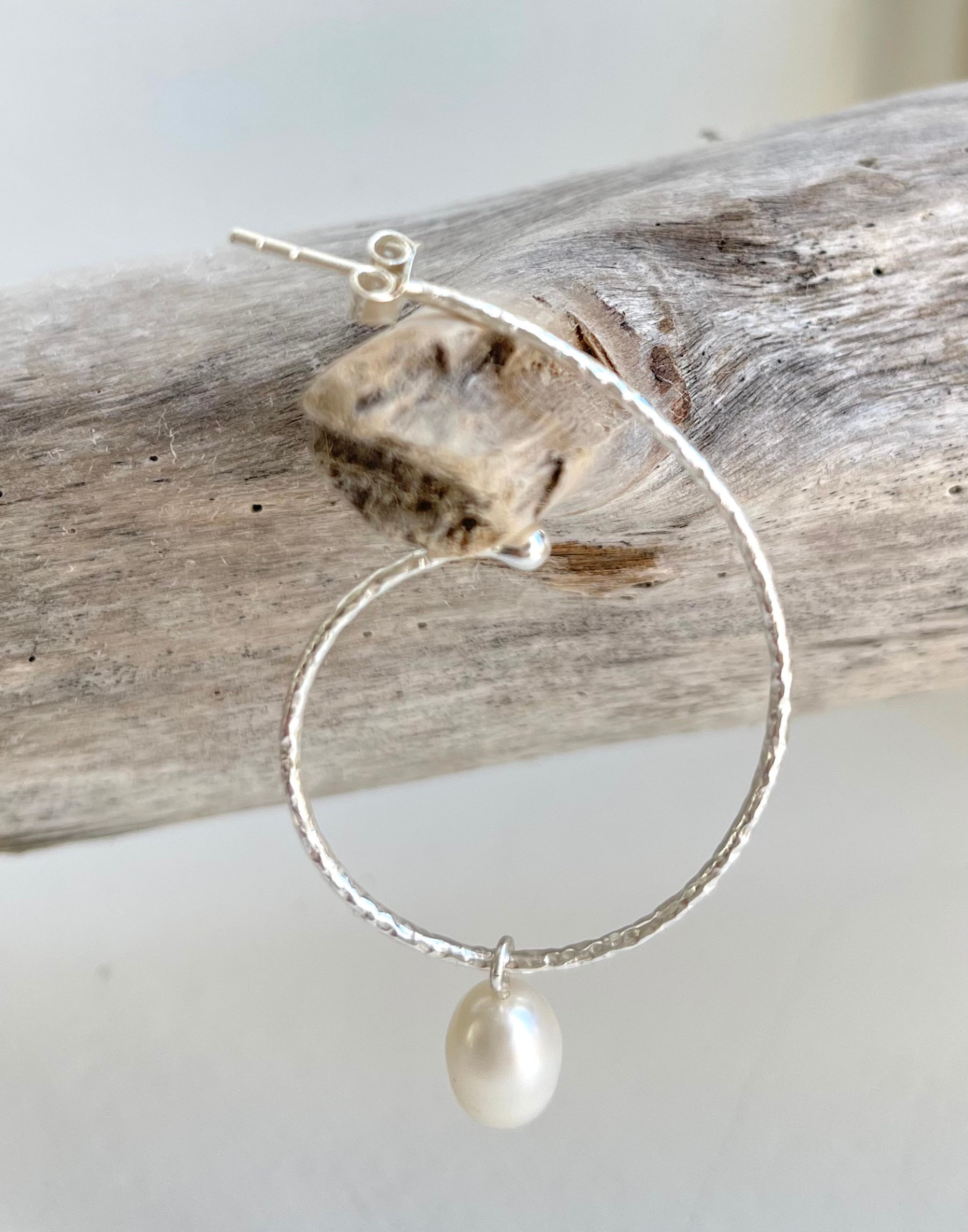 Large Silver Hoops with Pearl Drops