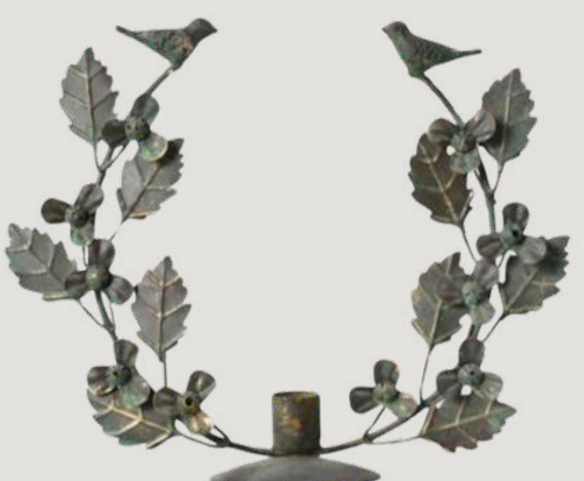 Antiqued distressed metal leaf and bird wreath candle holder