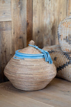 Natural Handwoven Lidded Storage Basket with Blue Leather Trim - The Ndar