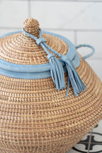 Natural Handwoven Lidded Storage Basket with Blue Leather Trim - The Ndar