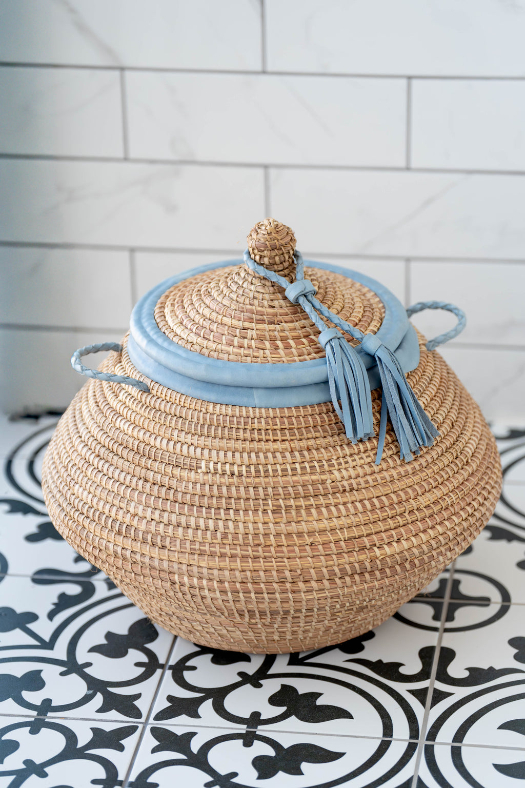 Natural Handwoven Lidded Storage Basket with Blue Leather Trim - The Ndar