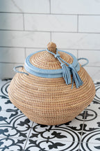 Natural Handwoven Lidded Storage Basket with Blue Leather Trim - The Ndar