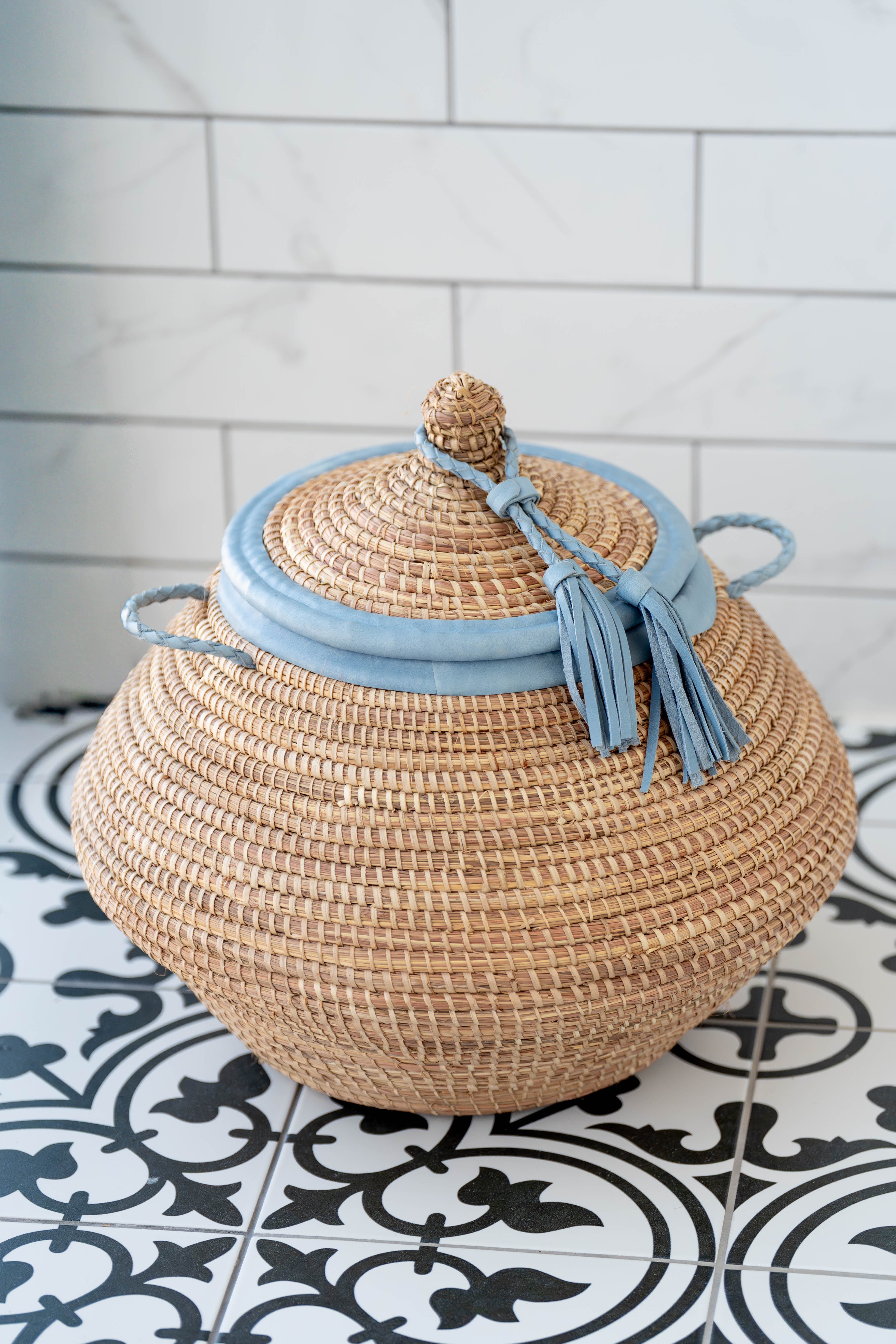 Natural Handwoven Lidded Storage Basket with Blue Leather Trim - The Ndar
