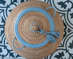 Natural Handwoven Lidded Storage Basket with Blue Leather Trim - The Ndar