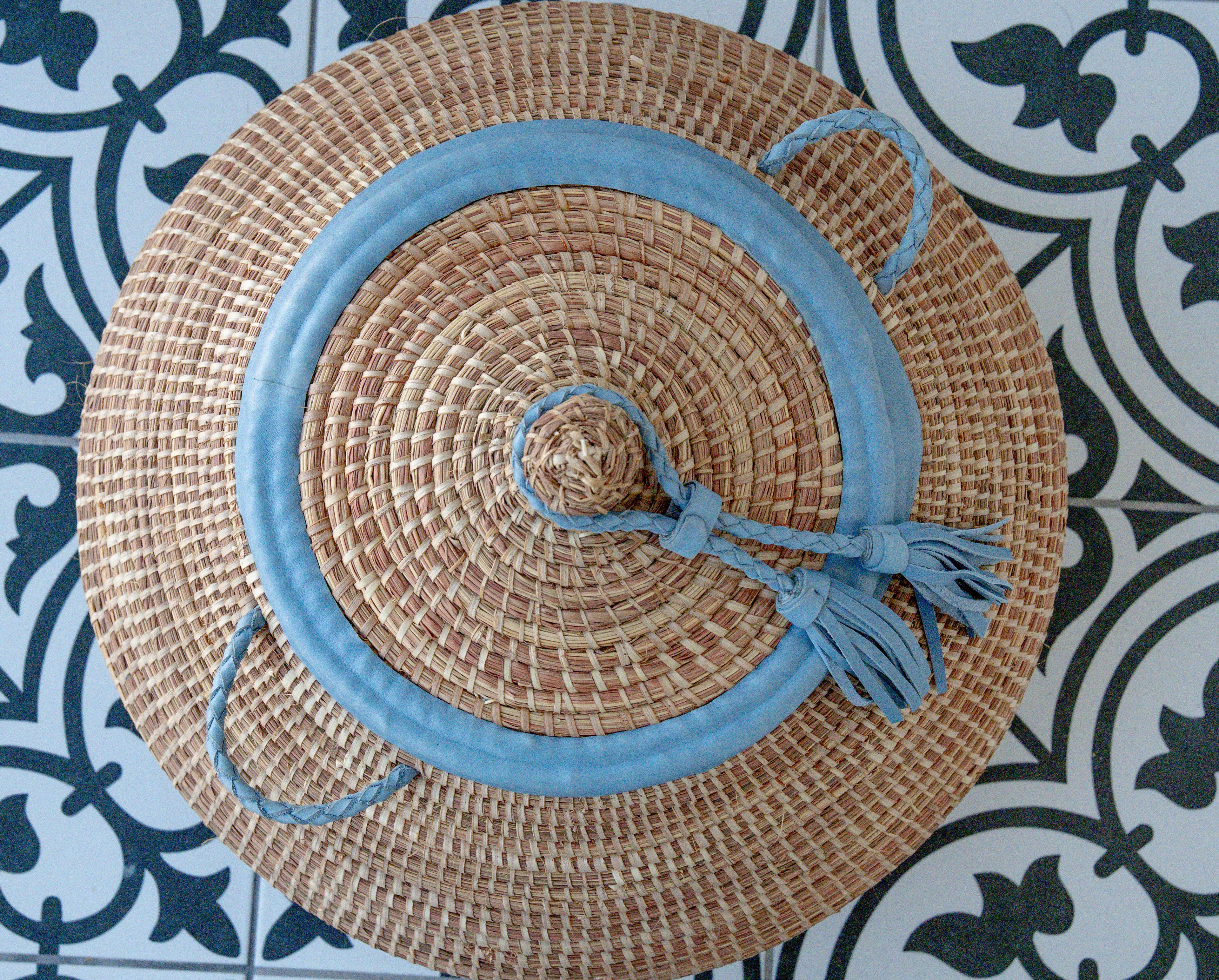 Natural Handwoven Lidded Storage Basket with Blue Leather Trim - The Ndar