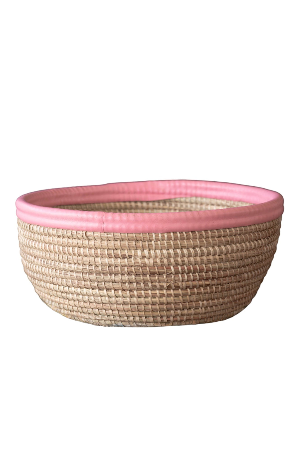 Natural Round Storage Basket with Pink Leather Trim & Tassel – The Super Basket (NDONN Weave)