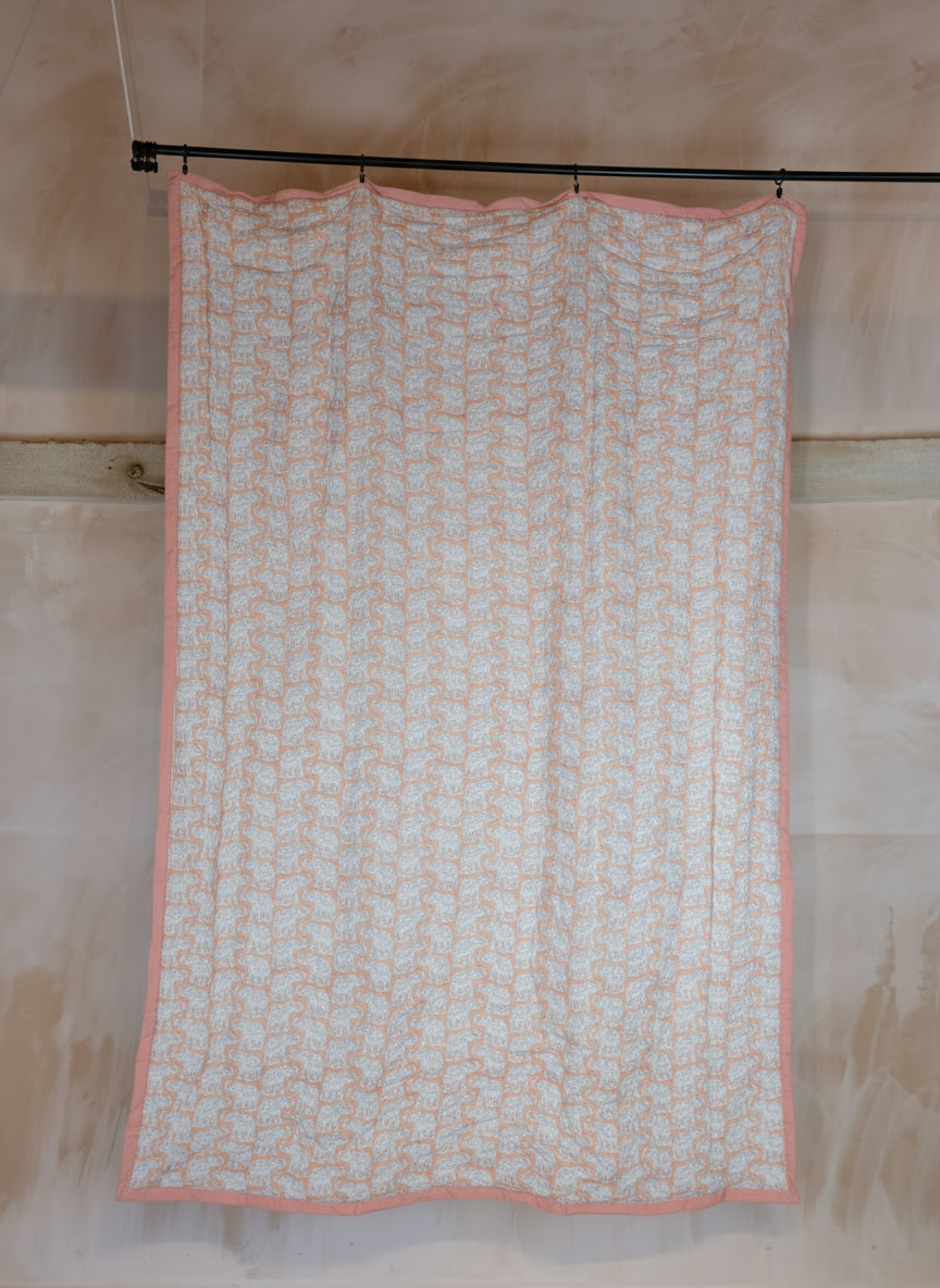 Organic Cotton Elephant Toddler Quilt – Peach Block Printed Reversible Cot Quilt