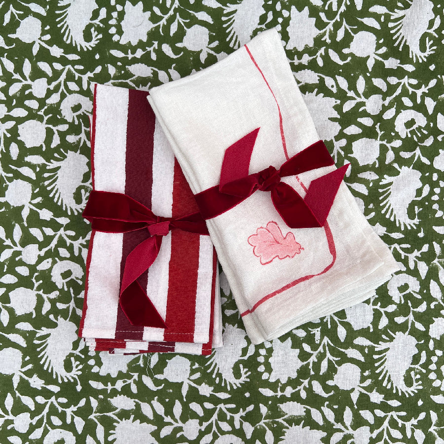 Block Printed Napkins Set of 4, Red Stripes