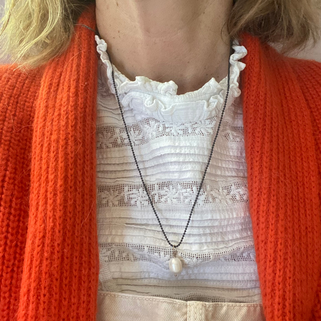 Black oxidised sillver necklace with gold filled beads and pearls