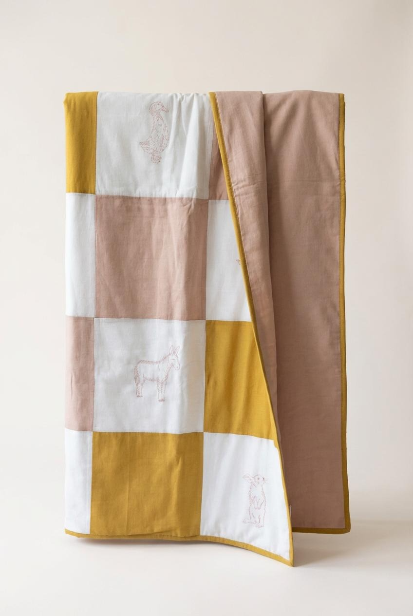 Farmyard Patchwork Baby Quilt - Pink / Yellow