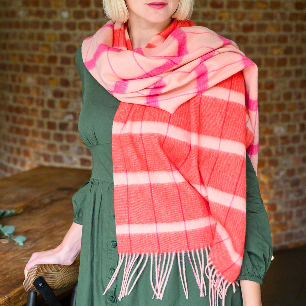 Pink Asymmetrical Check Lambswool Scarf