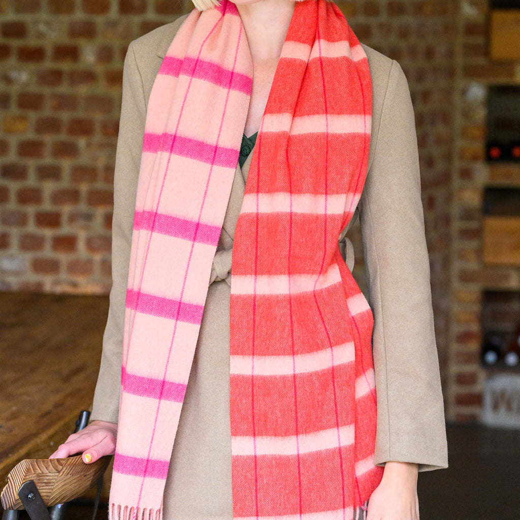 Pink Asymmetrical Check Lambswool Scarf