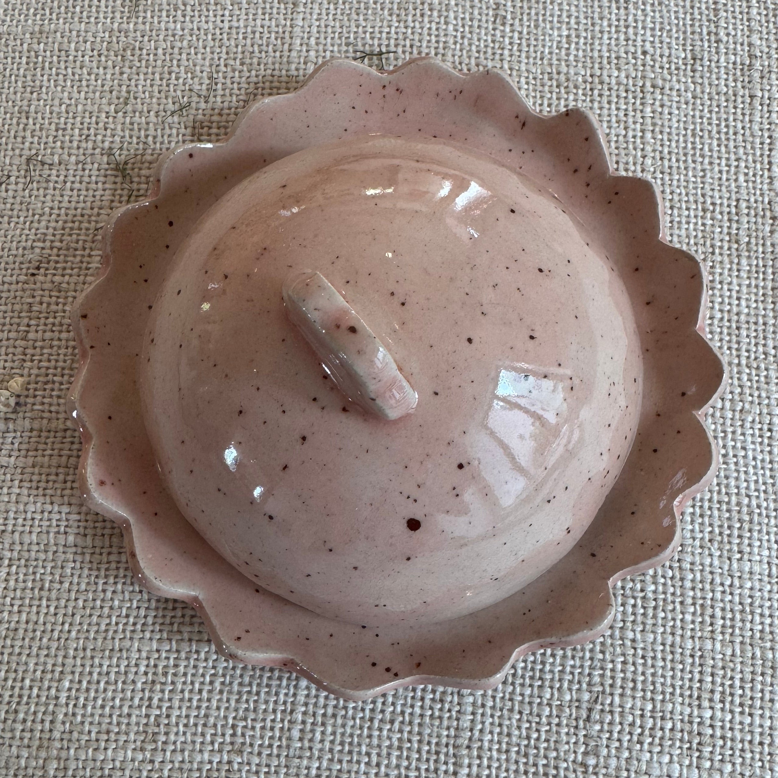 Speckle glazed hand made ceramic butter dish with scalloped edge