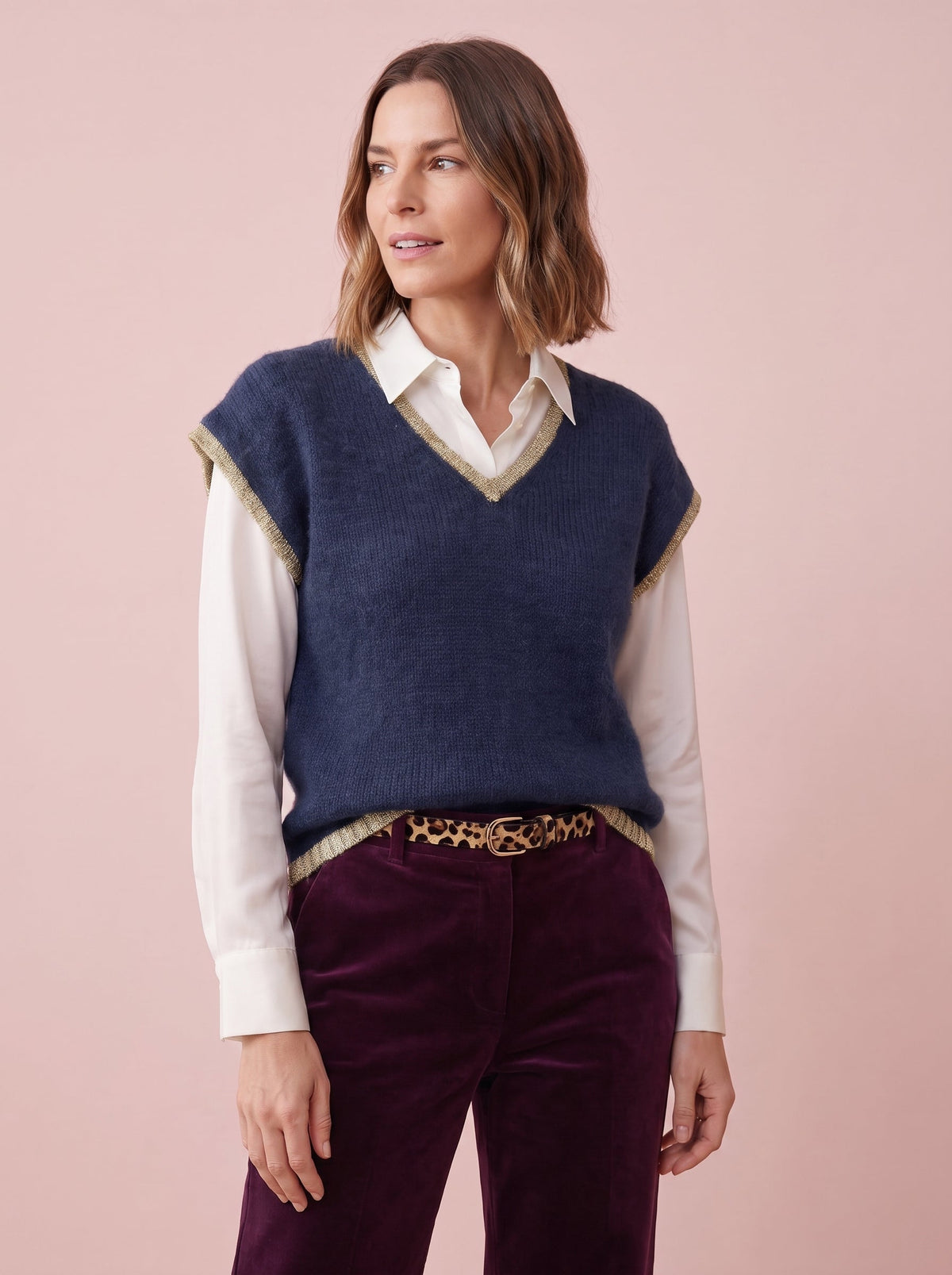 Maddie V-Neck Knitted Tank Top with Lurex Trim