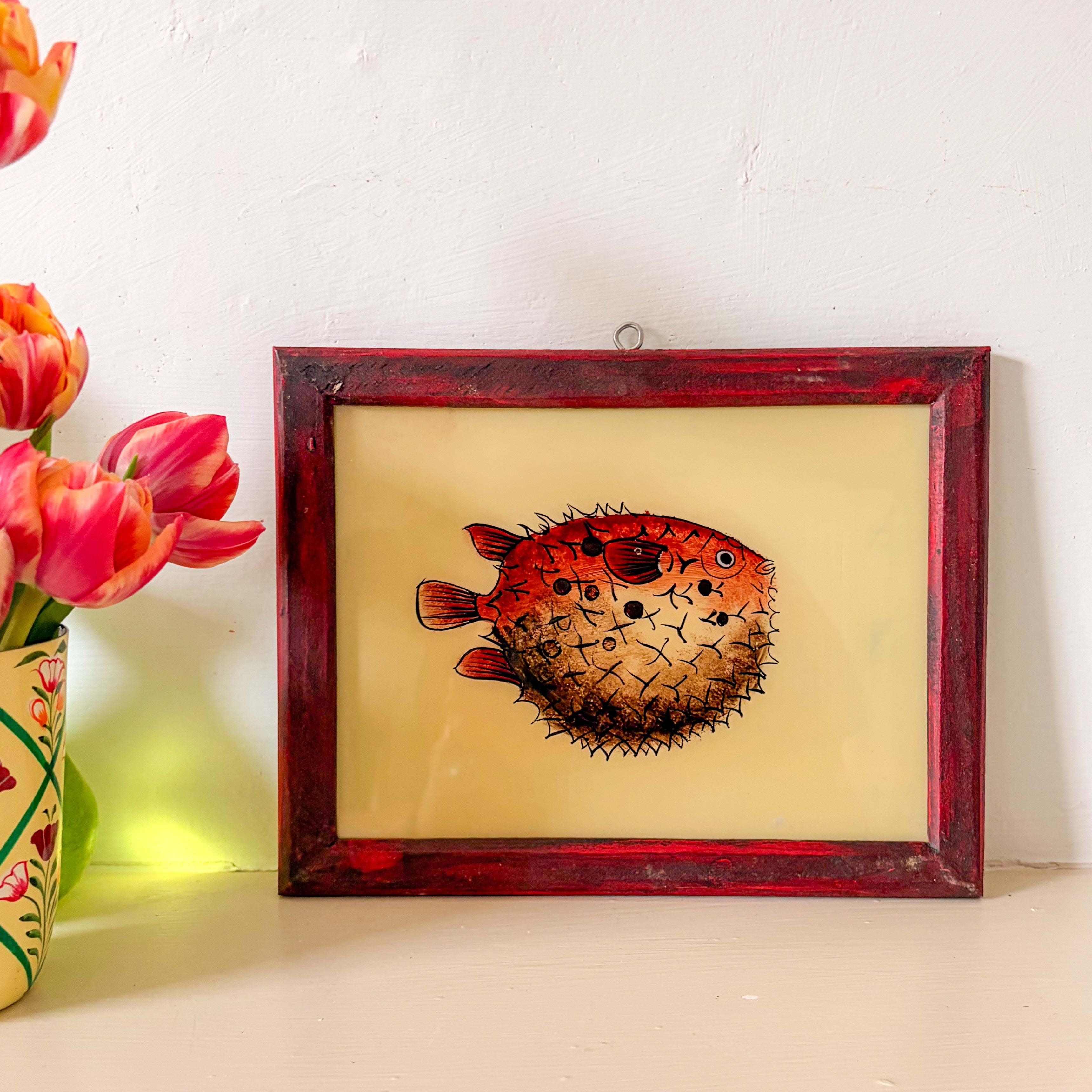 RED PUFFER FISH Indian glass painting