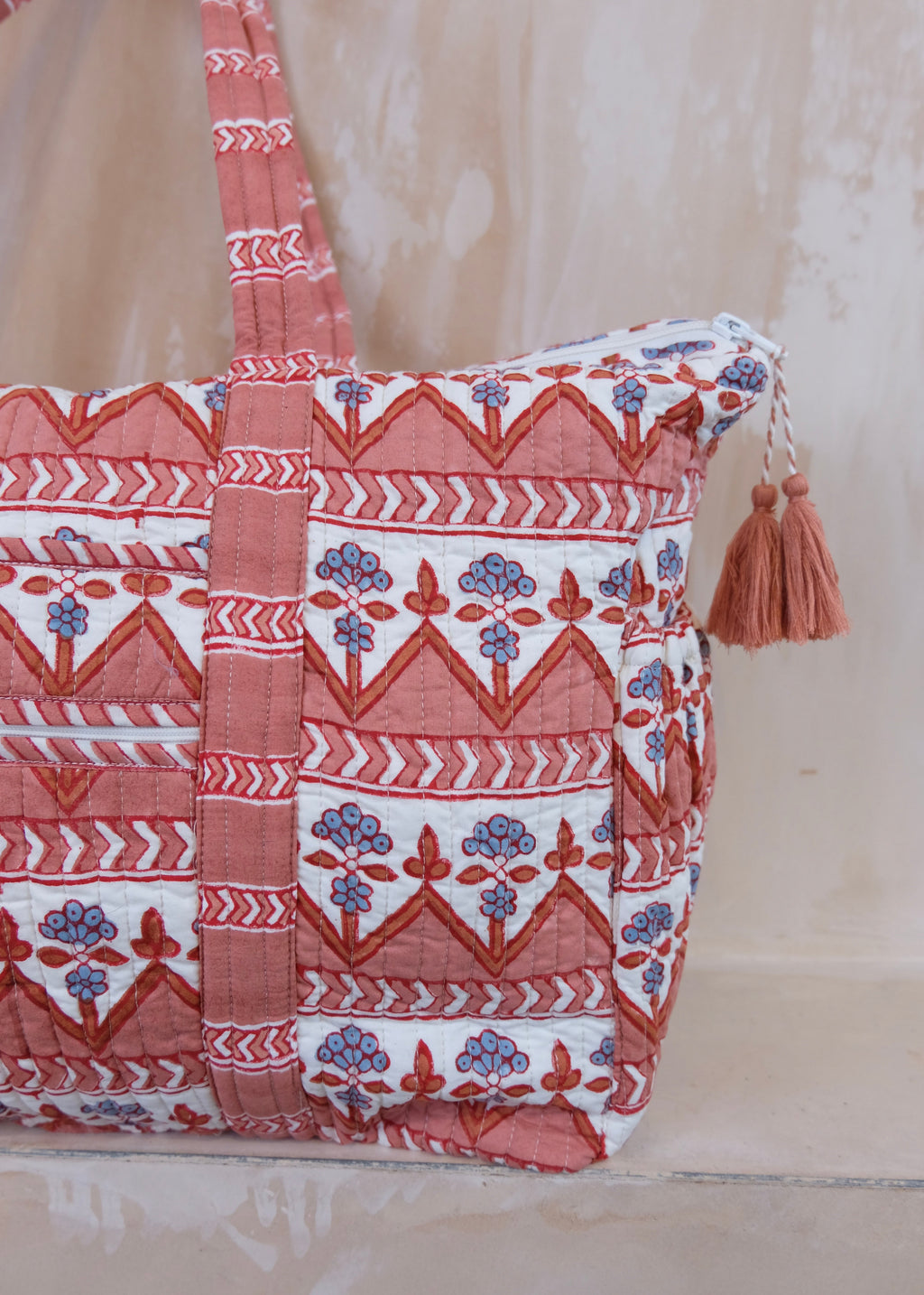 Large Block Print Terracotta Quilted Nappy / Diaper Bag