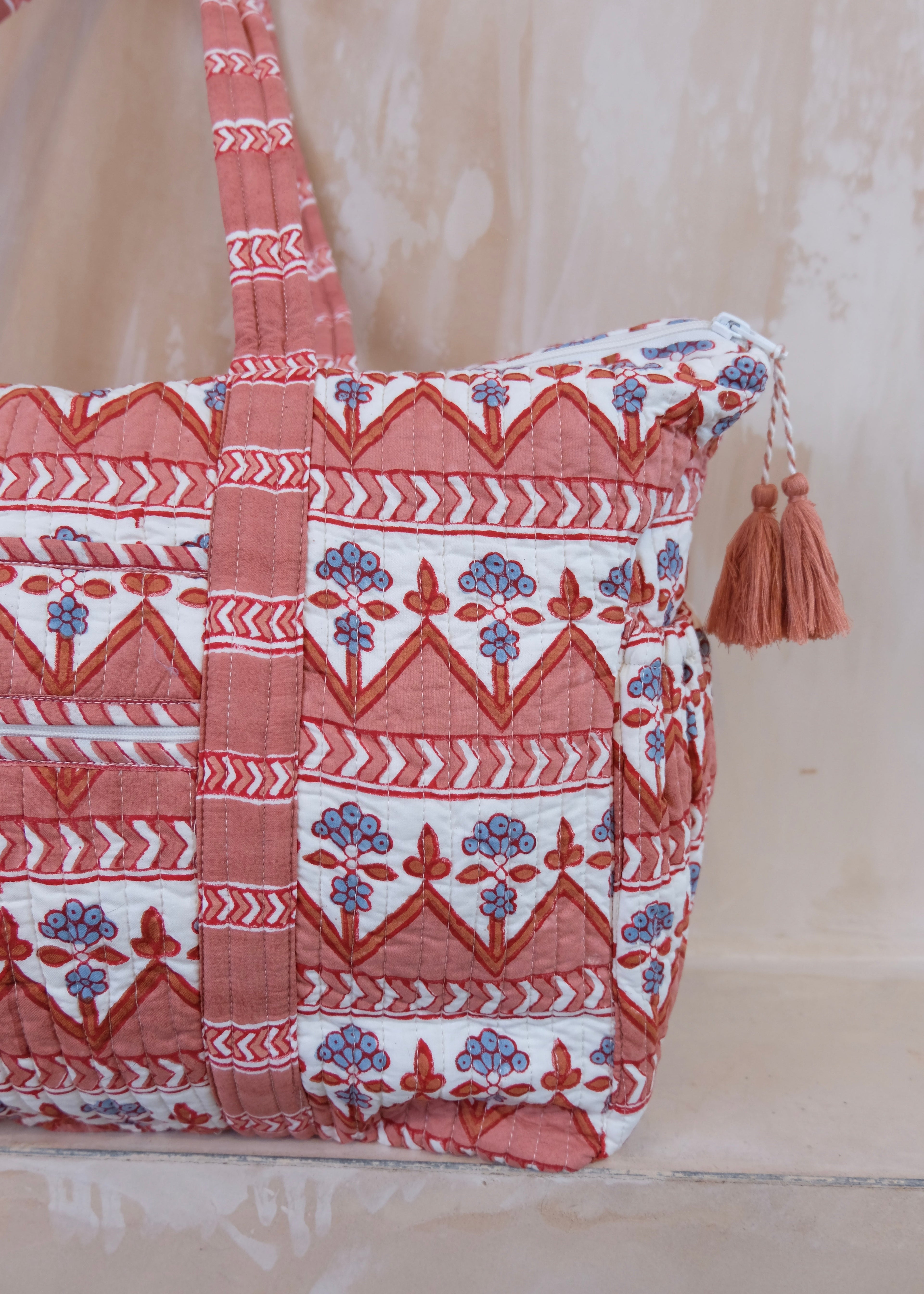 Large Block Print Terracotta Quilted Nappy / Diaper Bag