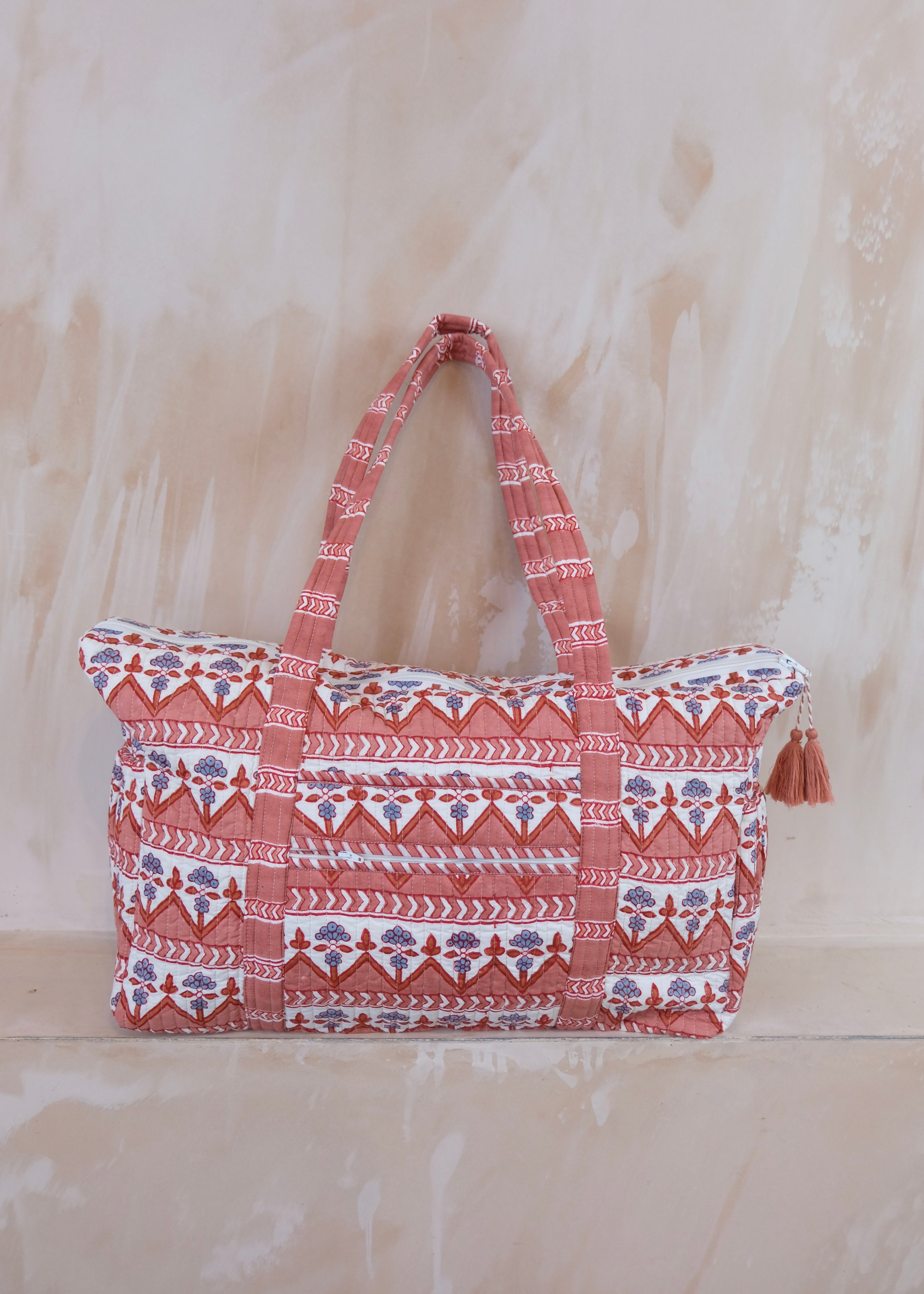 Large Block Print Terracotta Quilted Nappy / Diaper Bag