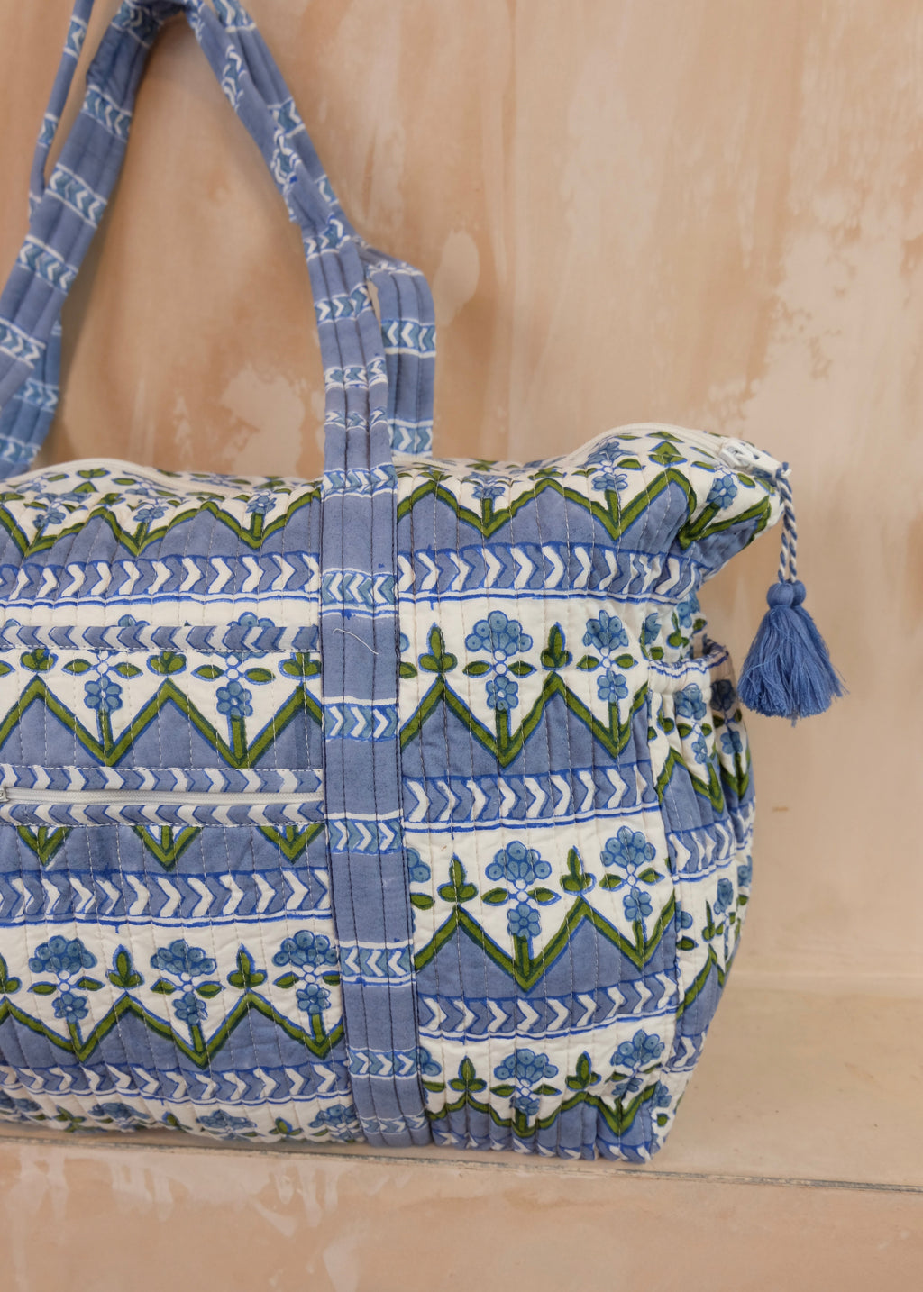 Large Block Print Blue Quilted Nappy / Diaper Bag