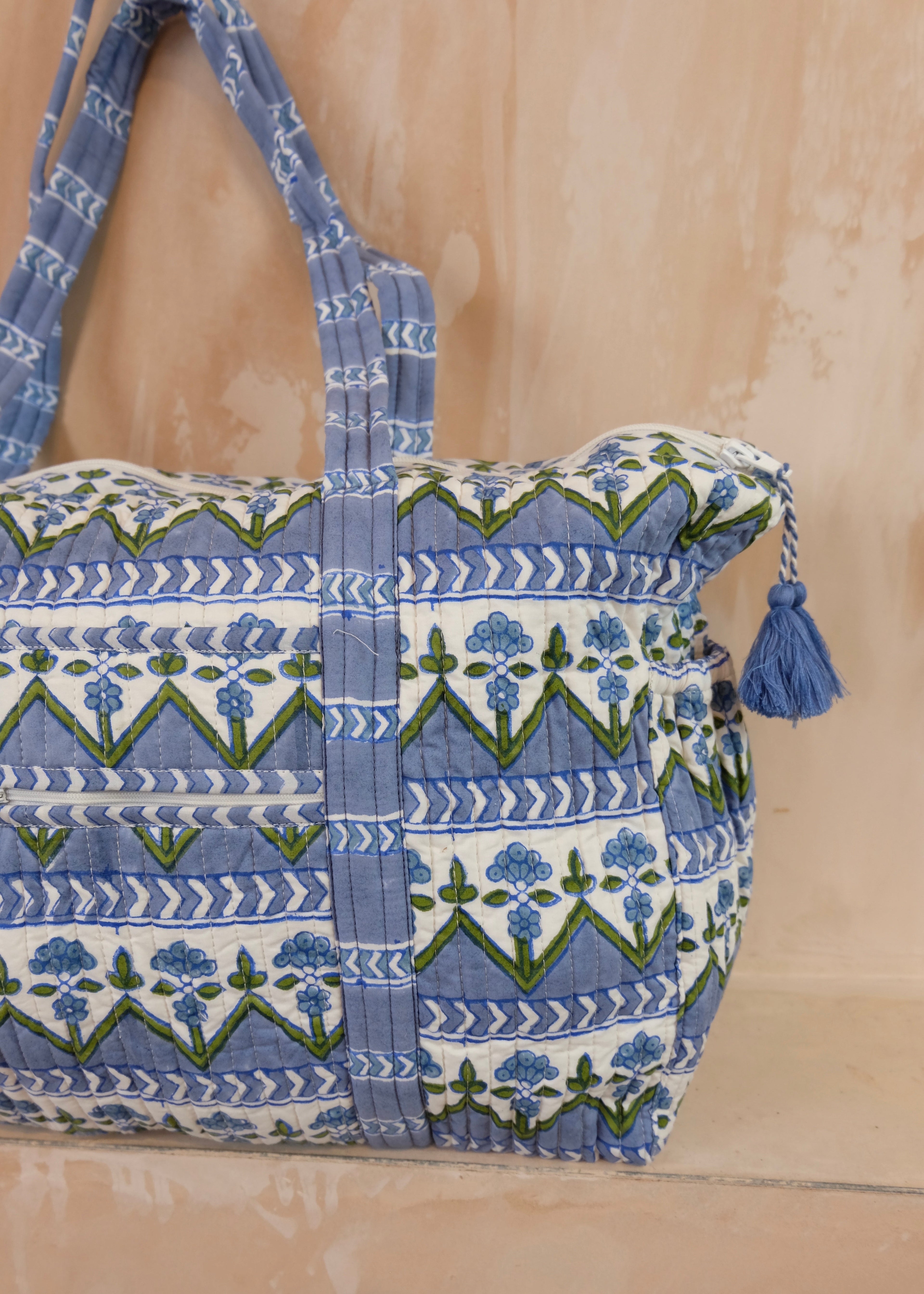 Large Block Print Blue Quilted Nappy / Diaper Bag