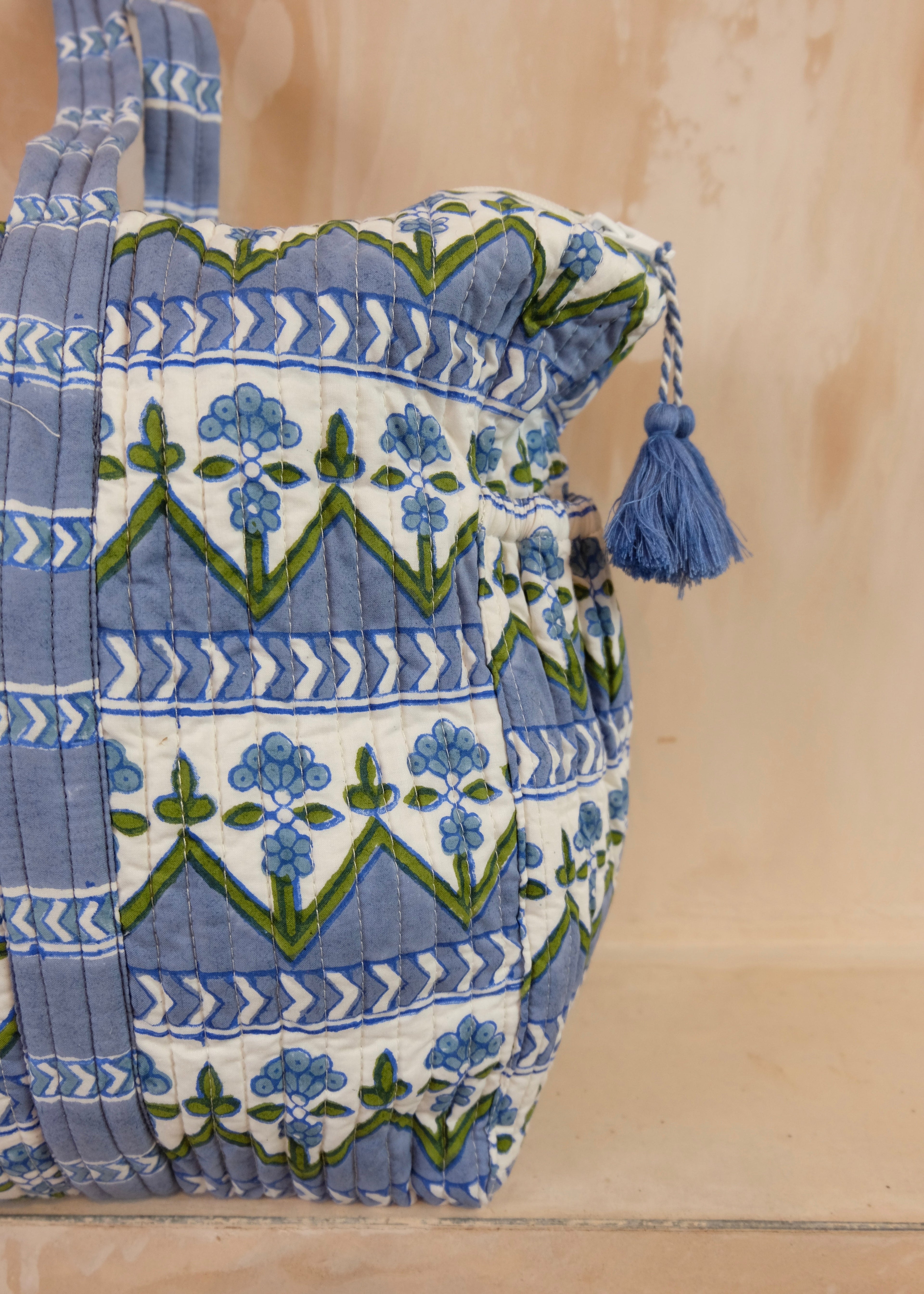 Large Block Print Blue Quilted Nappy / Diaper Bag