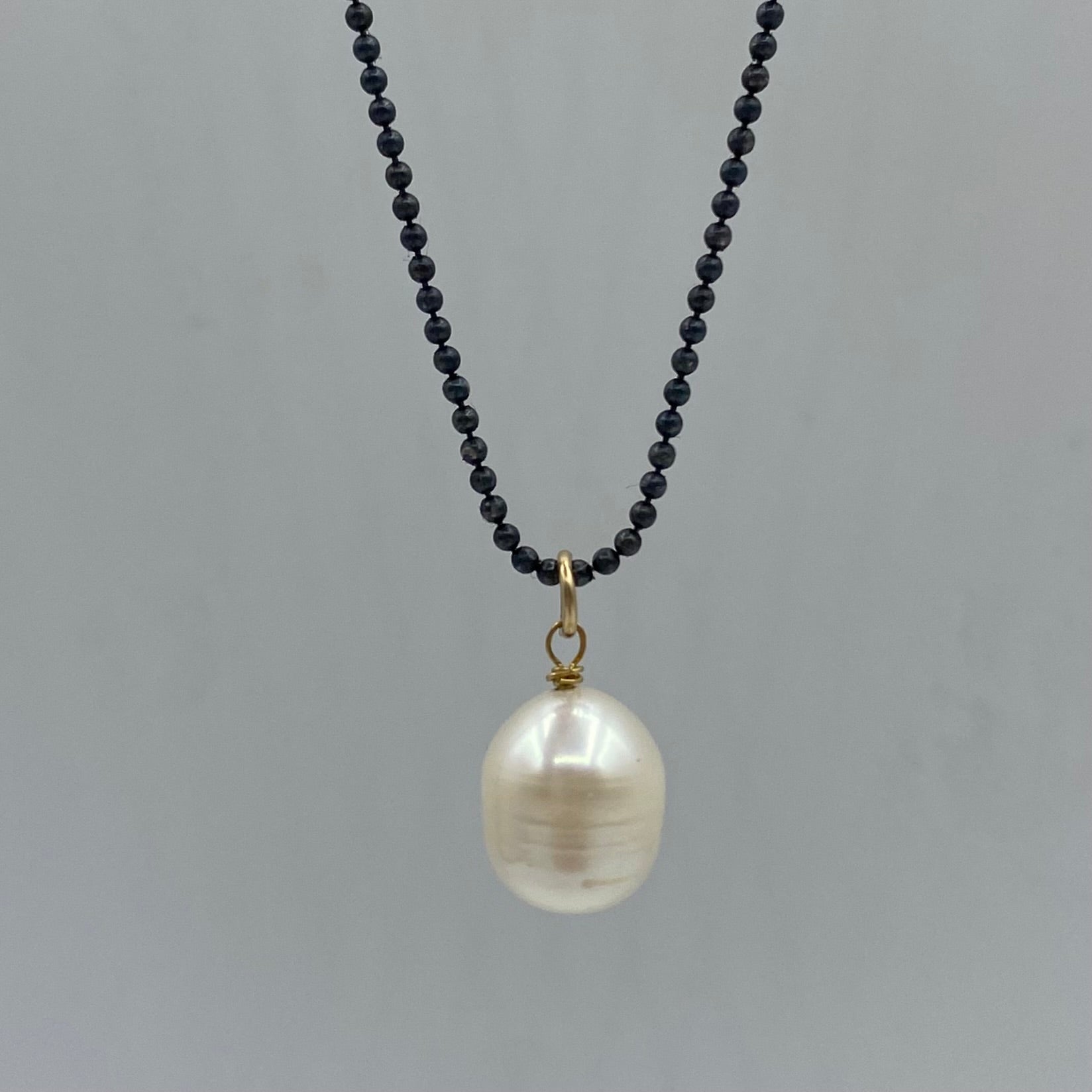 Black oxidised sillver necklace with gold filled beads and pearls