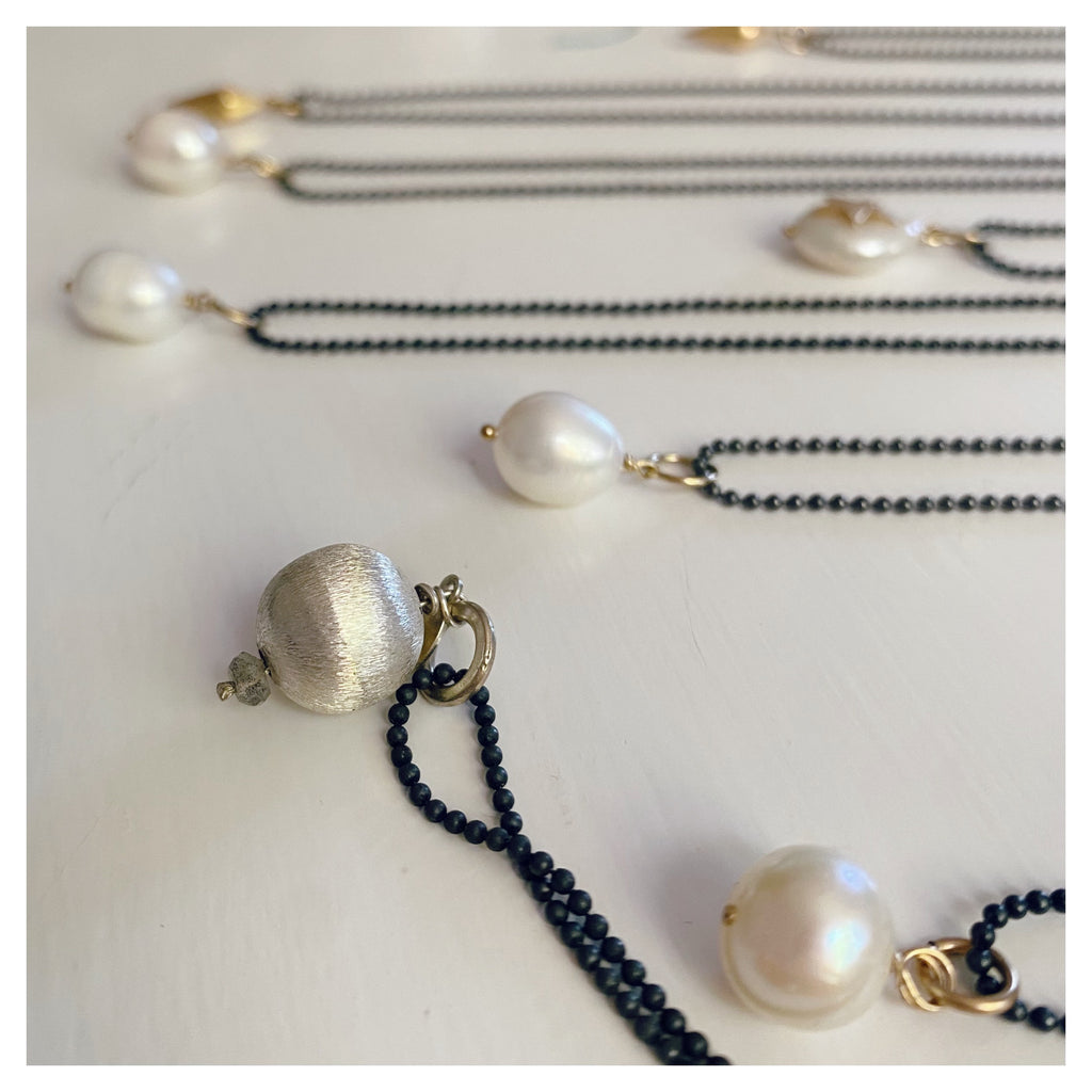 Black oxidised sillver necklace with gold filled beads and pearls