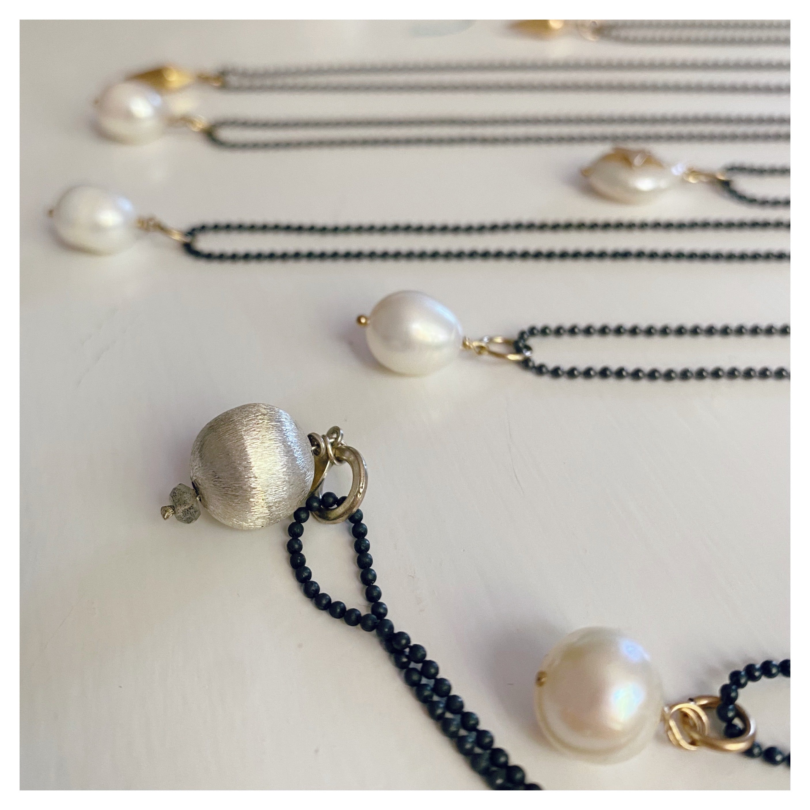 Black oxidised sillver necklace with gold filled beads and pearls