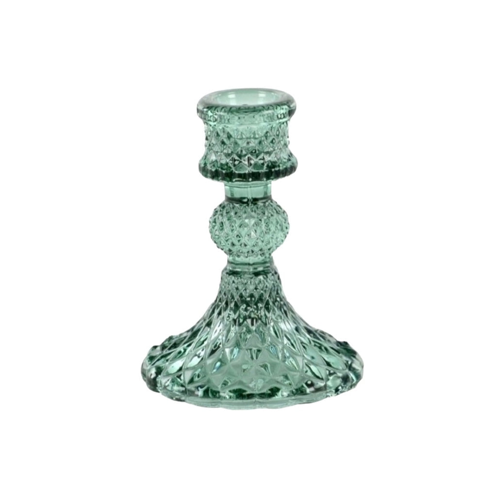 Green Harlequin Pressed Glass Dinner Candlestick | 10cm