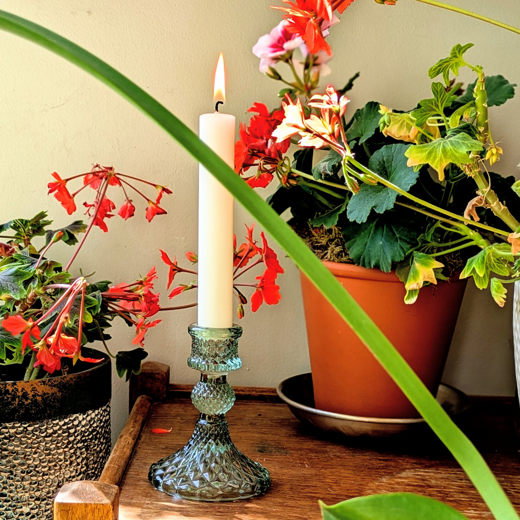 Green Harlequin Pressed Glass Dinner Candlestick | 10cm