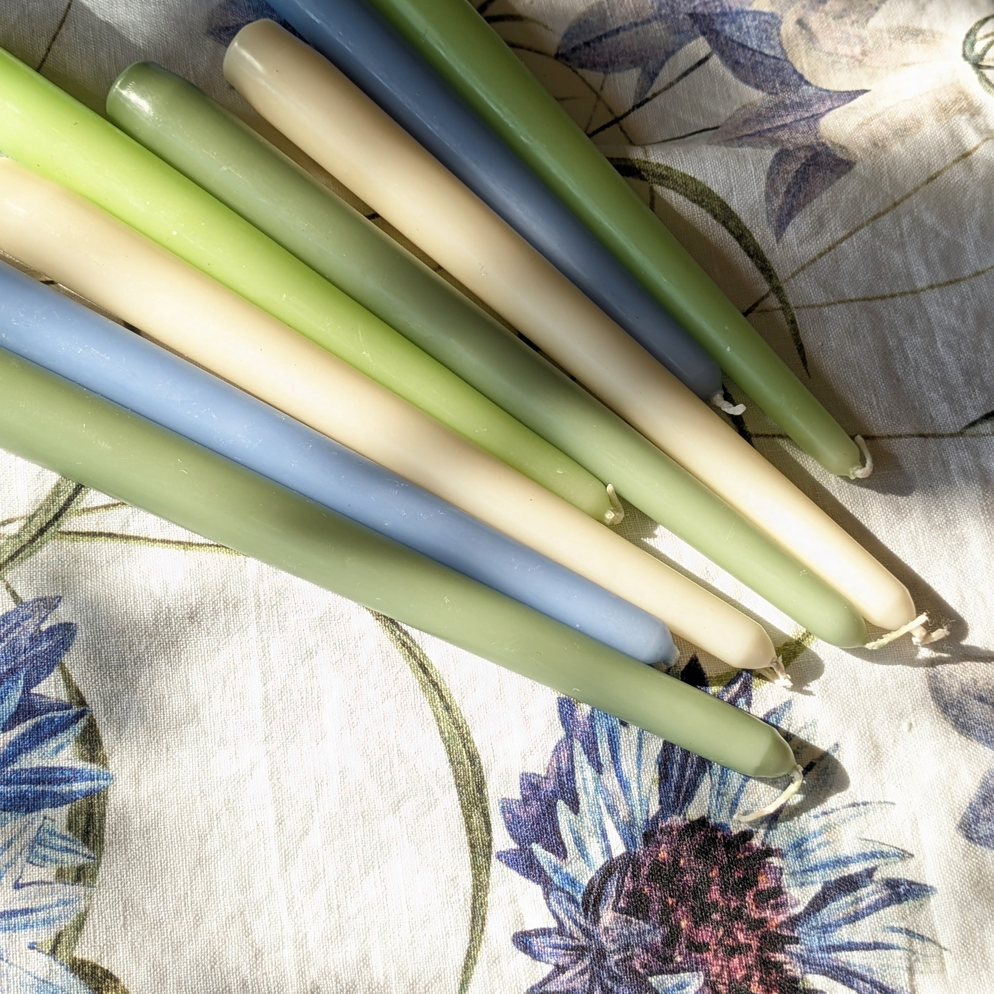 8 Tapered Dinner Candles | Spring Blue & Green Colour Mix