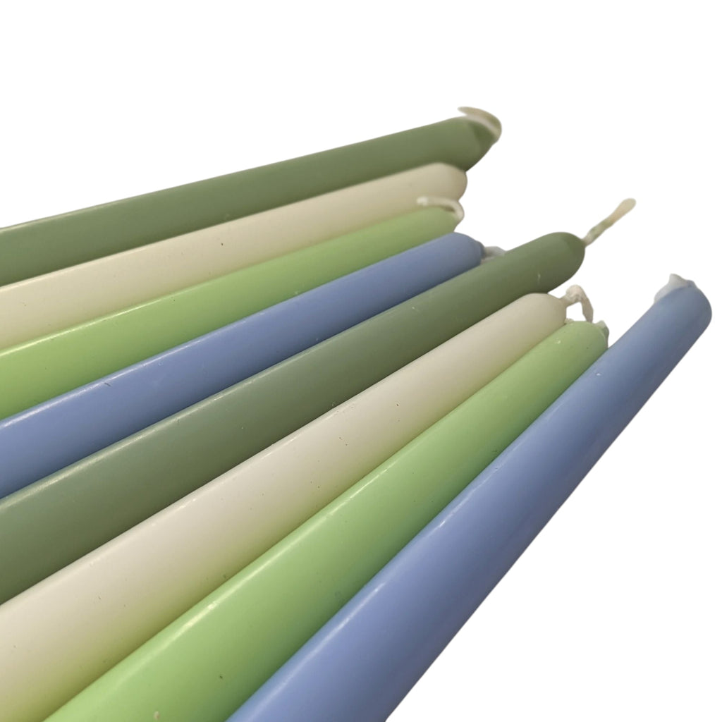 8 Tapered Dinner Candles | Spring Blue & Green Colour Mix