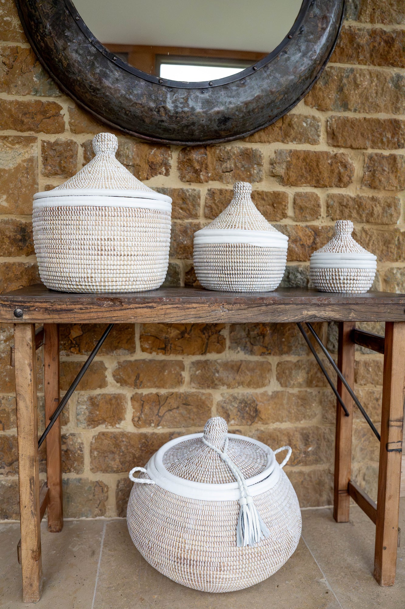 Round White Handwoven Statement Basket with Leather Trim – NDAR