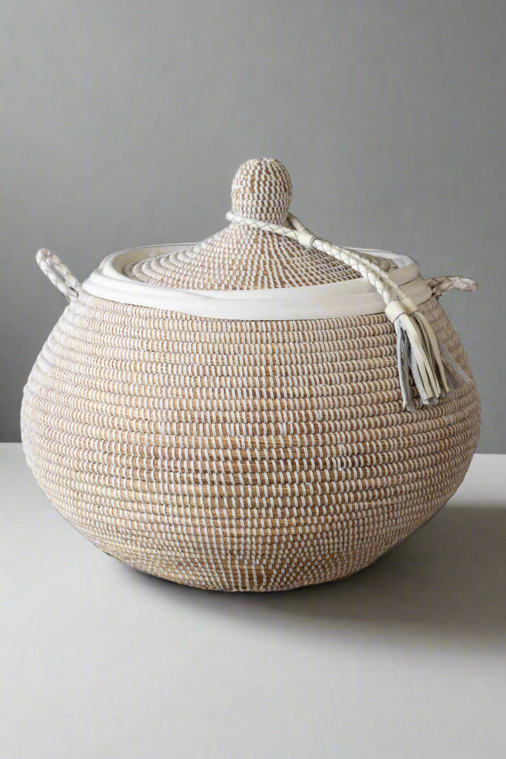 Round White Handwoven Statement Basket with Leather Trim – NDAR