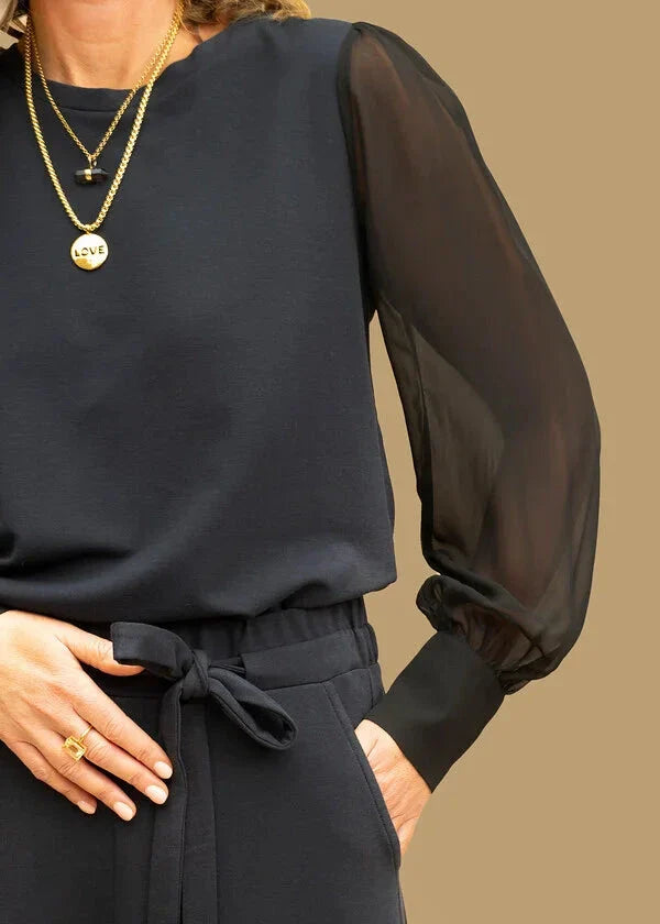 DAPHNE sheer sleeve top, navy