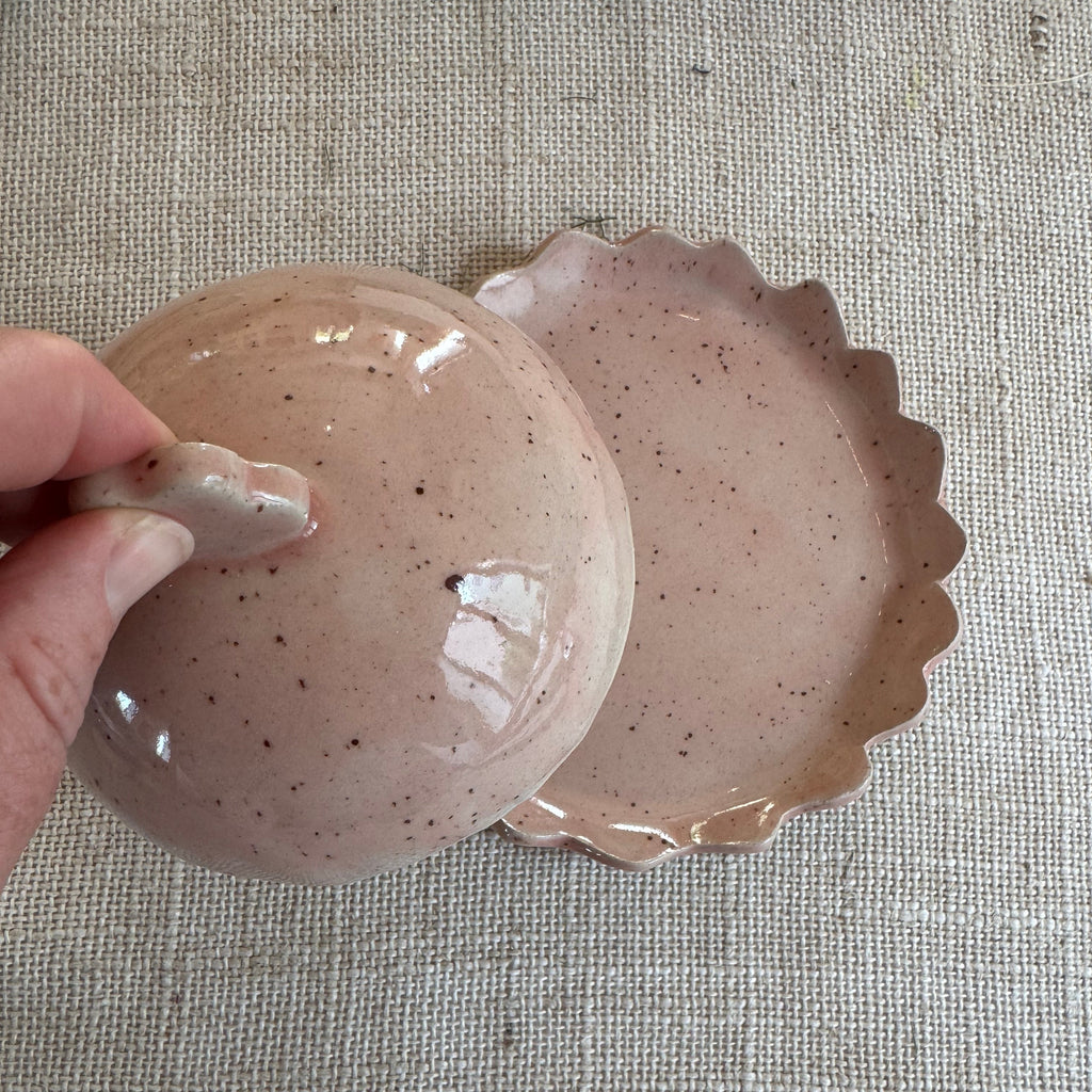 Speckle glazed hand made ceramic butter dish with scalloped edge