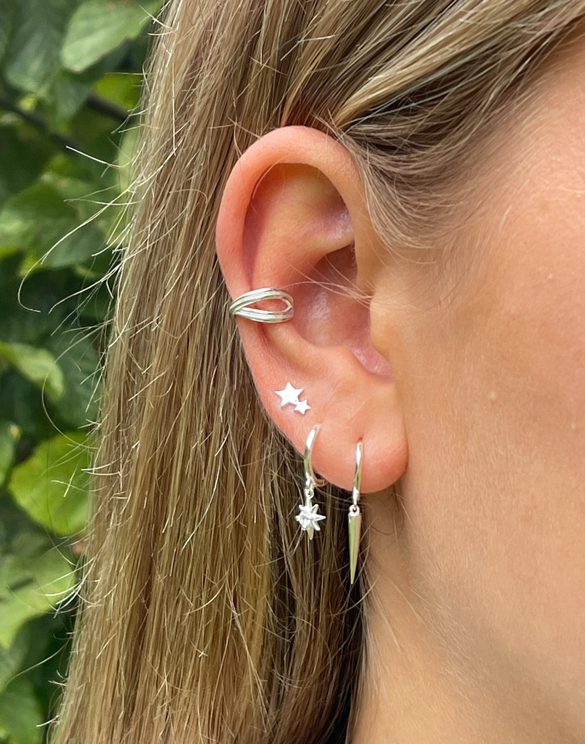 Silver CZ Star Charm Huggie Earrings