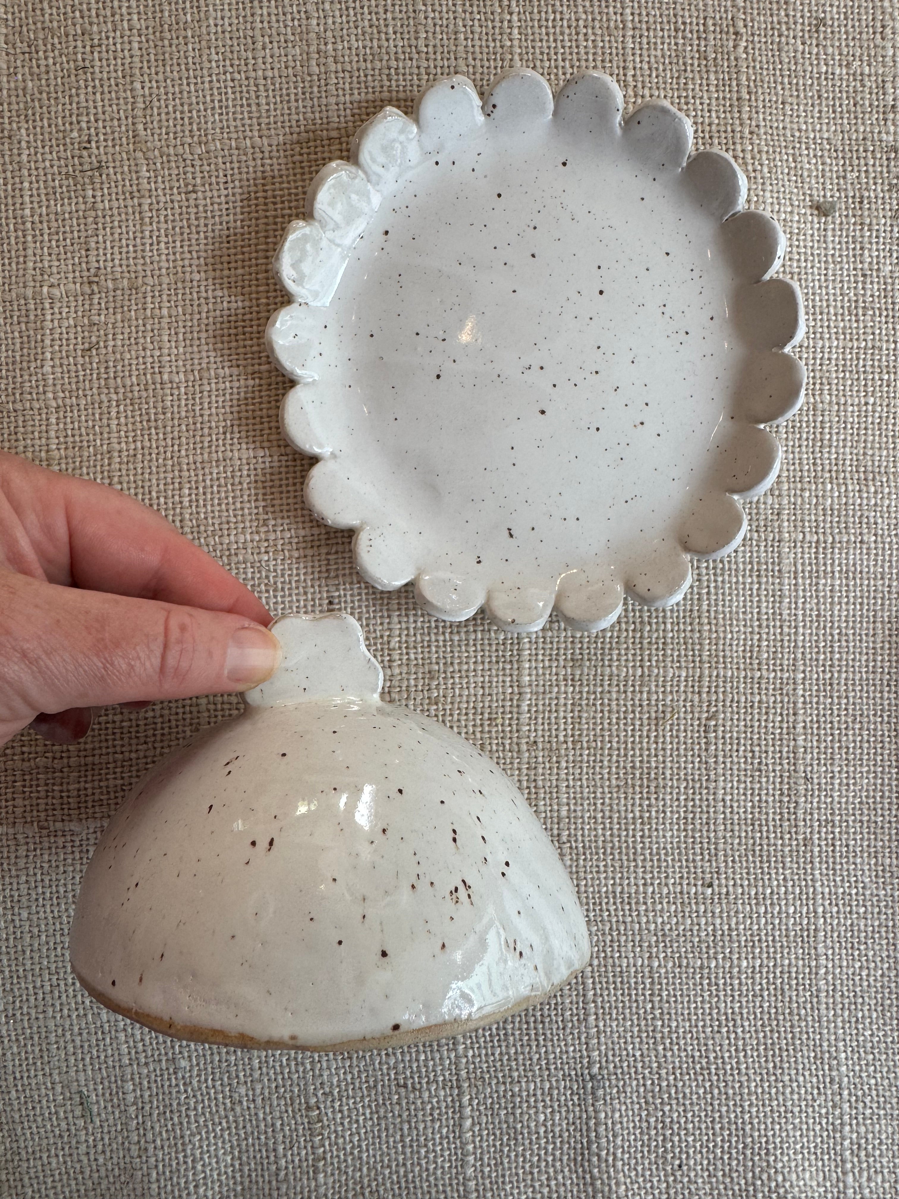 Speckle glazed hand made ceramic butter dish with scalloped edge