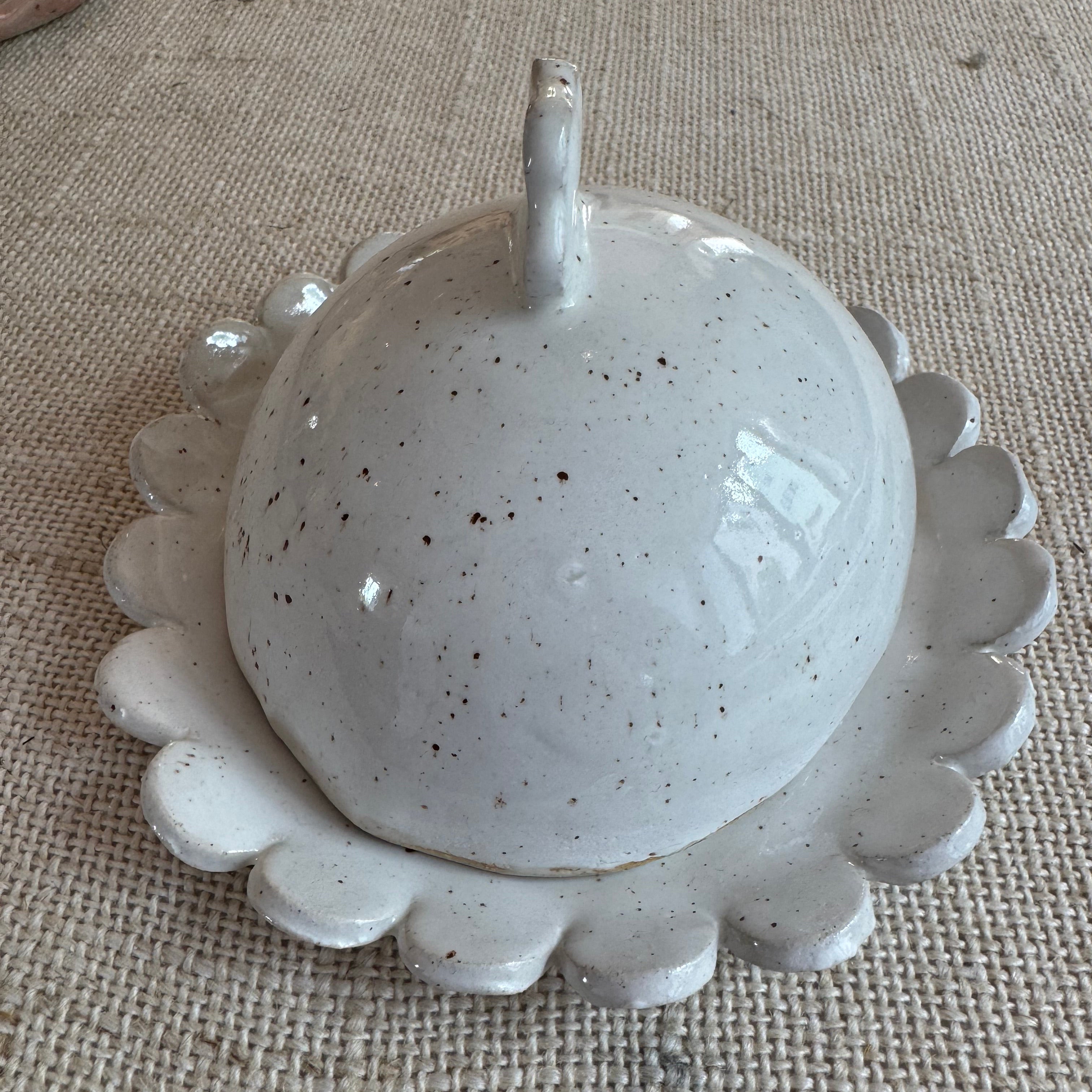 Speckle glazed hand made ceramic butter dish with scalloped edge