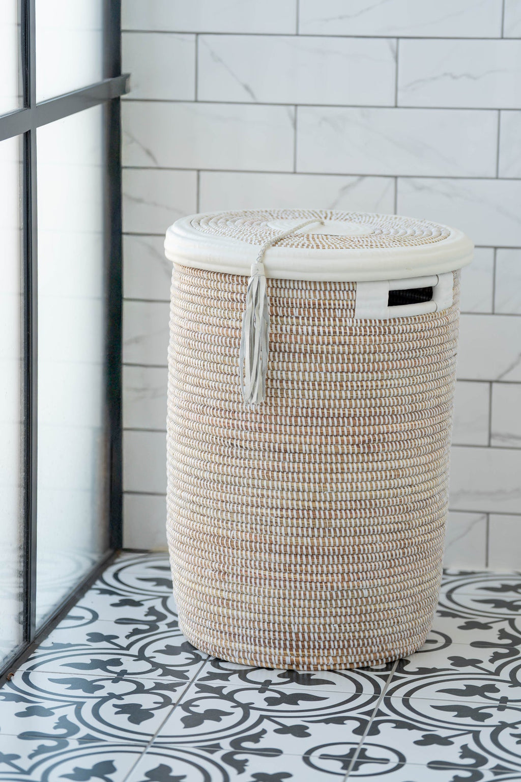 Tall Flat-Lidded White Handwoven Basket with Leather Trim & Tassel