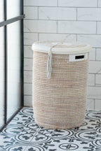 Tall Flat-Lidded White Handwoven Basket with Leather Trim & Tassel
