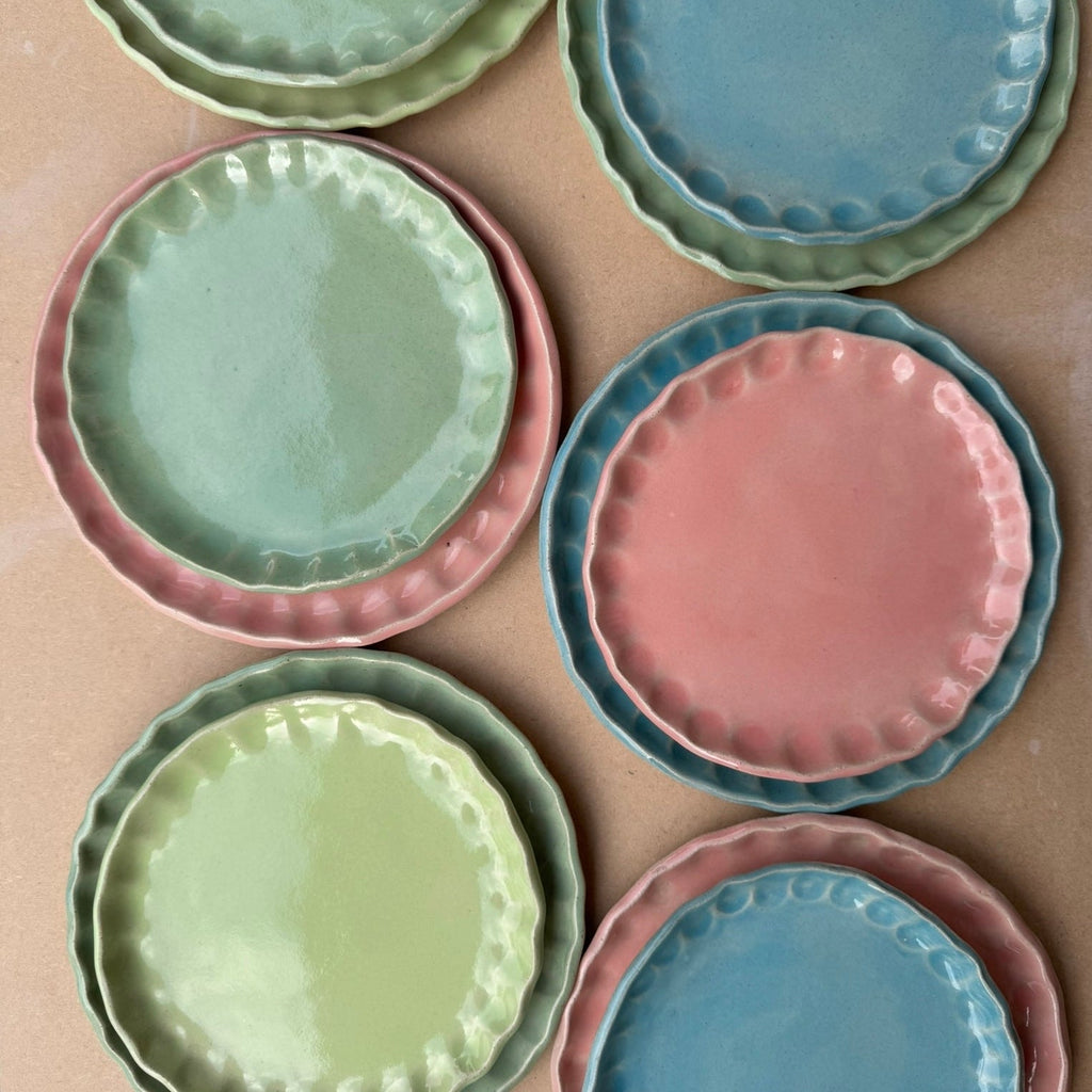 Thumbprint tea plates in french macron coloured glazes