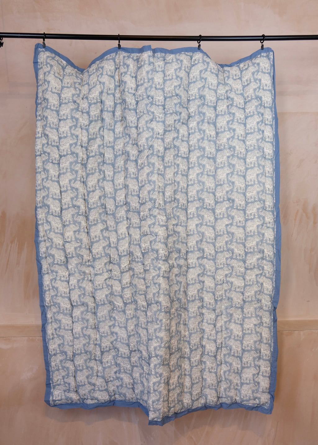 Organic Cotton Elephant Toddler Quilt – Blue Block Printed Reversible Cot Quilt