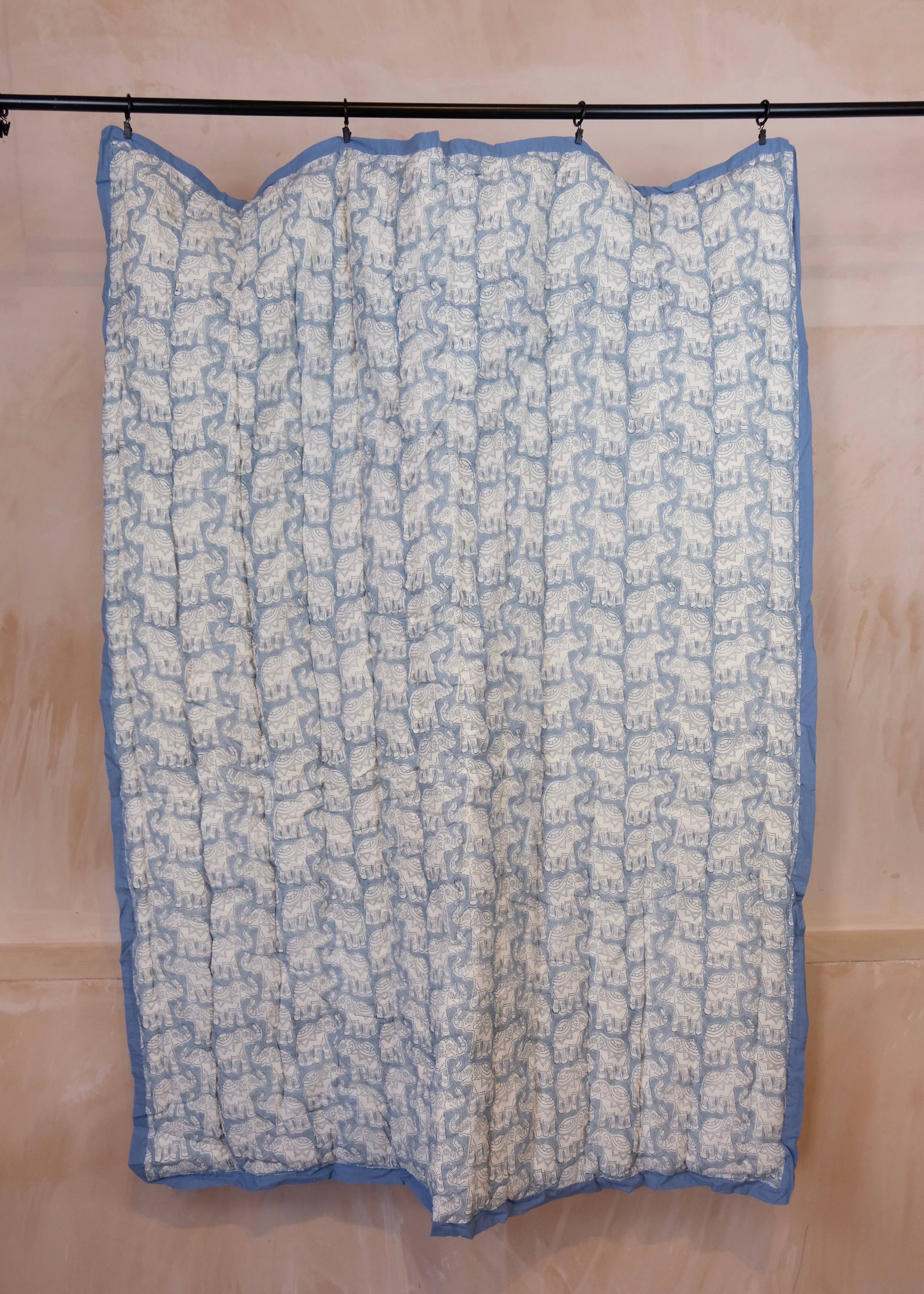 Organic Cotton Elephant Toddler Quilt – Blue Block Printed Reversible Cot Quilt