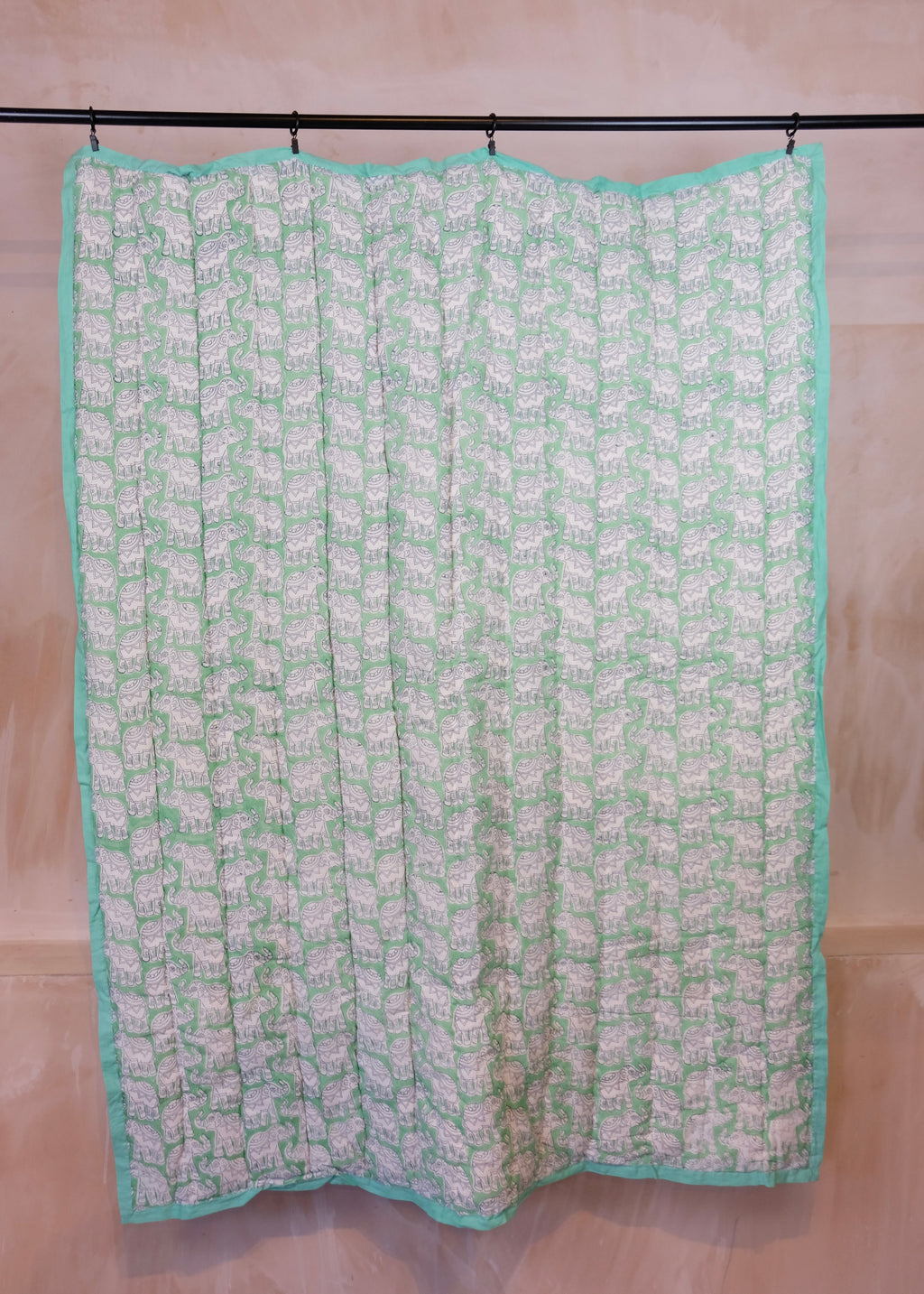 Organic Cotton Elephant Toddler Quilt – Green Block Printed Reversible Cot Quilt