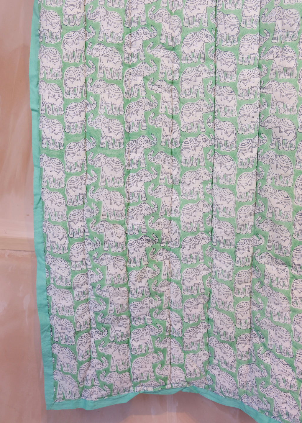 Organic Cotton Elephant Toddler Quilt – Green Block Printed Reversible Cot Quilt