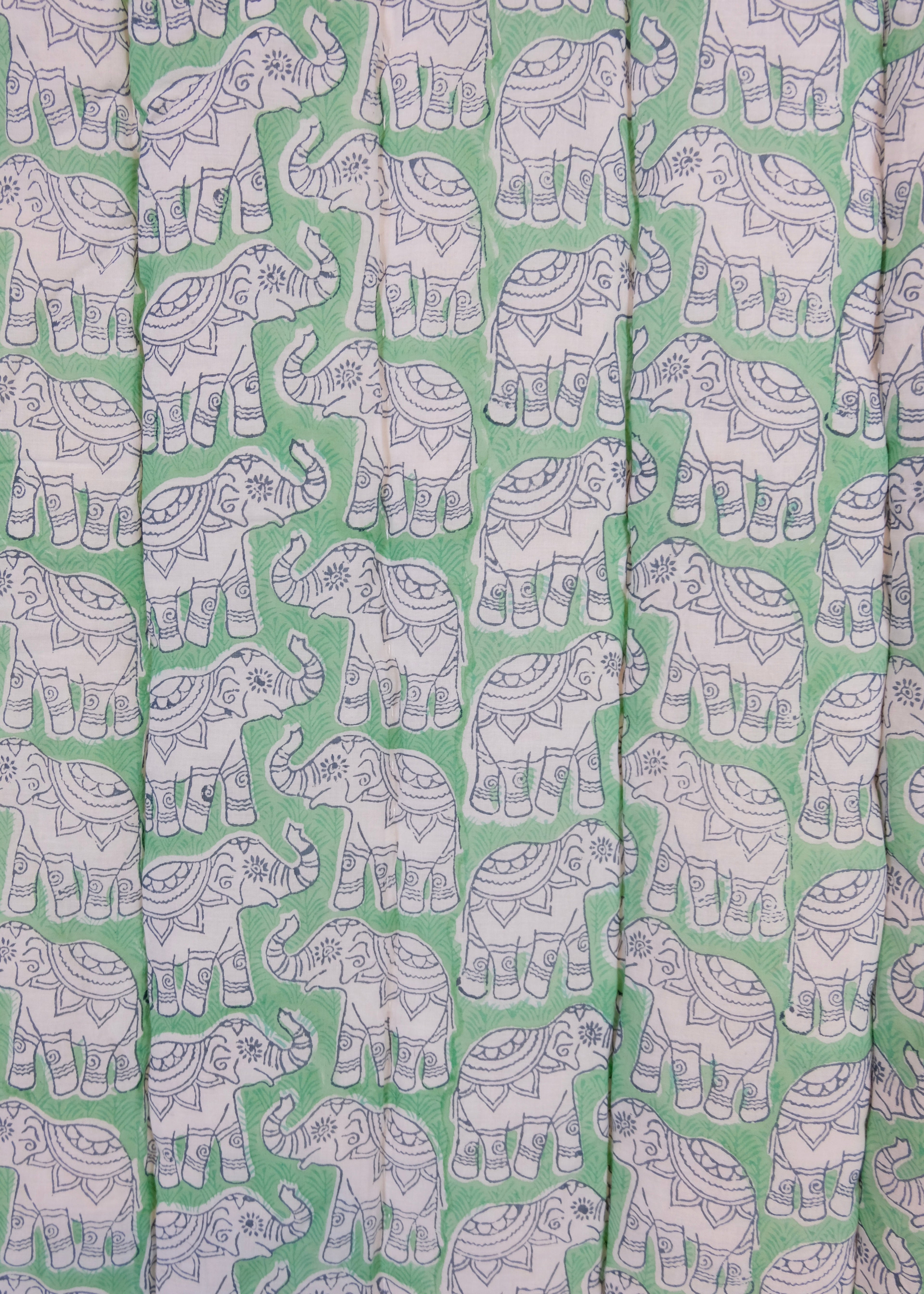 Organic Cotton Elephant Toddler Quilt – Green Block Printed Reversible Cot Quilt