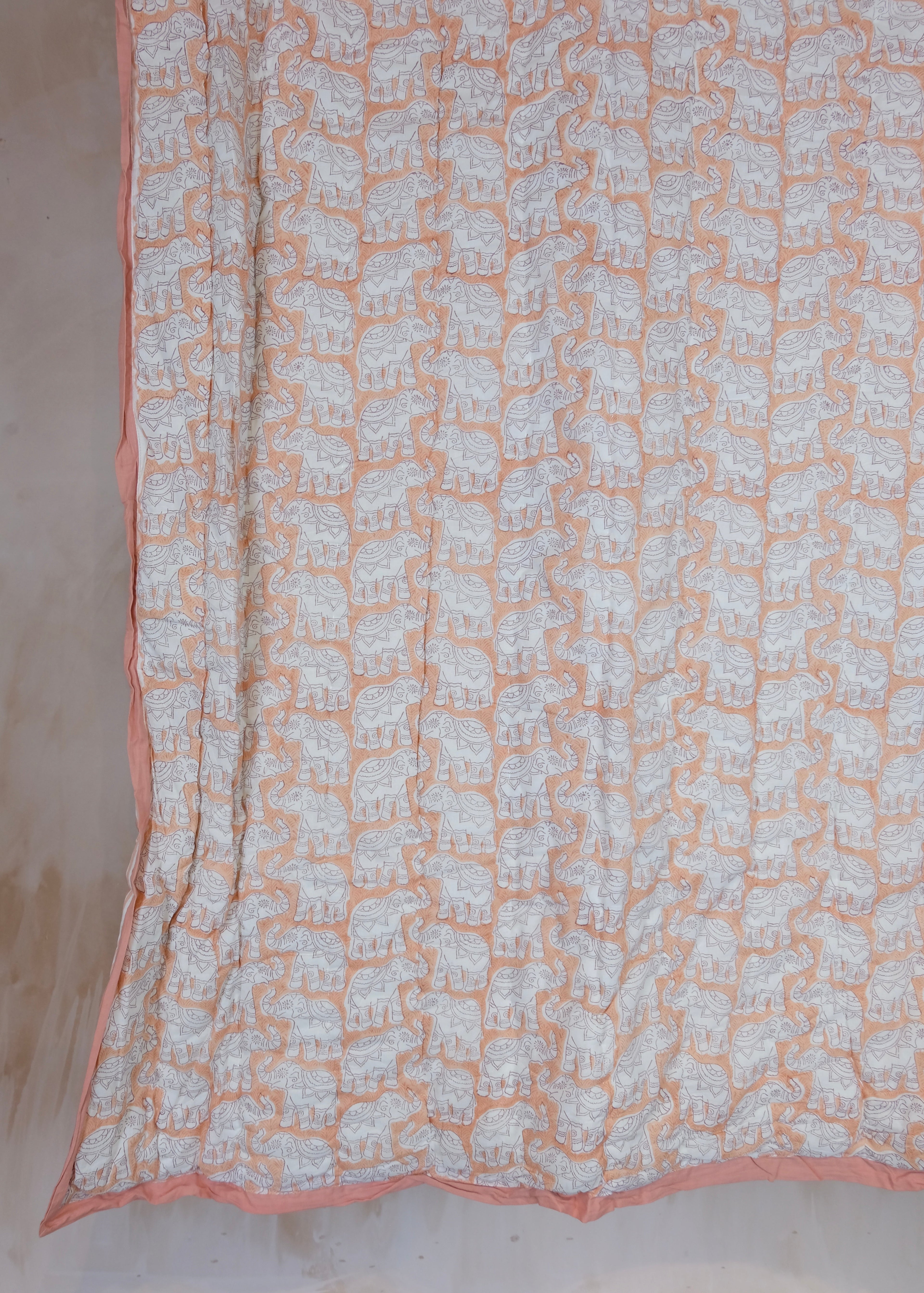 Organic Cotton Elephant Toddler Quilt – Peach Block Printed Reversible Cot Quilt